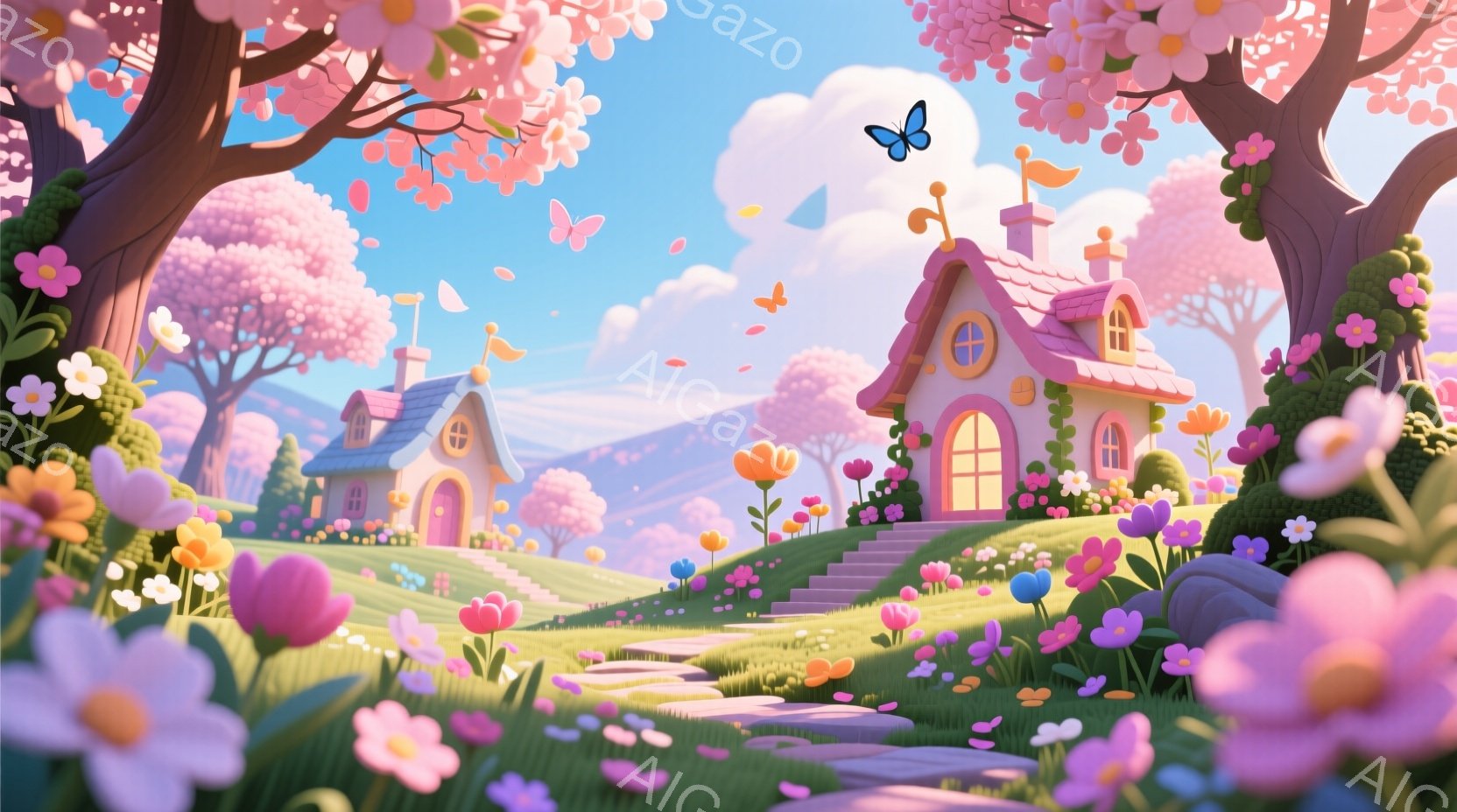鮮やかなピンクと緑に彩られたファンタジックな風景が広がっています。丘の上には可愛らしいピンク色の家が建っており、周りには色とりどりの花が咲き乱れています。空には蝶が舞い、遠くには霞んだ山々が見え、春の - AI生成フリー素材