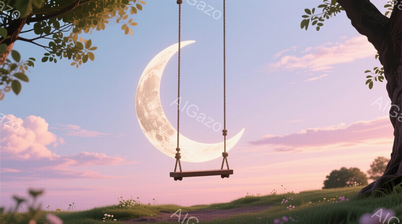 柔らかい夕焼け空の下、切り株のような木の前に、月が吊り下げられたブランコが描かれている。ピンクと紫がかった空には雲が浮かび、地面には色とりどりの花々が咲き乱れ、幻想的で穏やかな雰囲気を醸し出している。ブランコの月はまるで夢の世界への入り口のようで、希望と静けさの象徴のように感じられる。