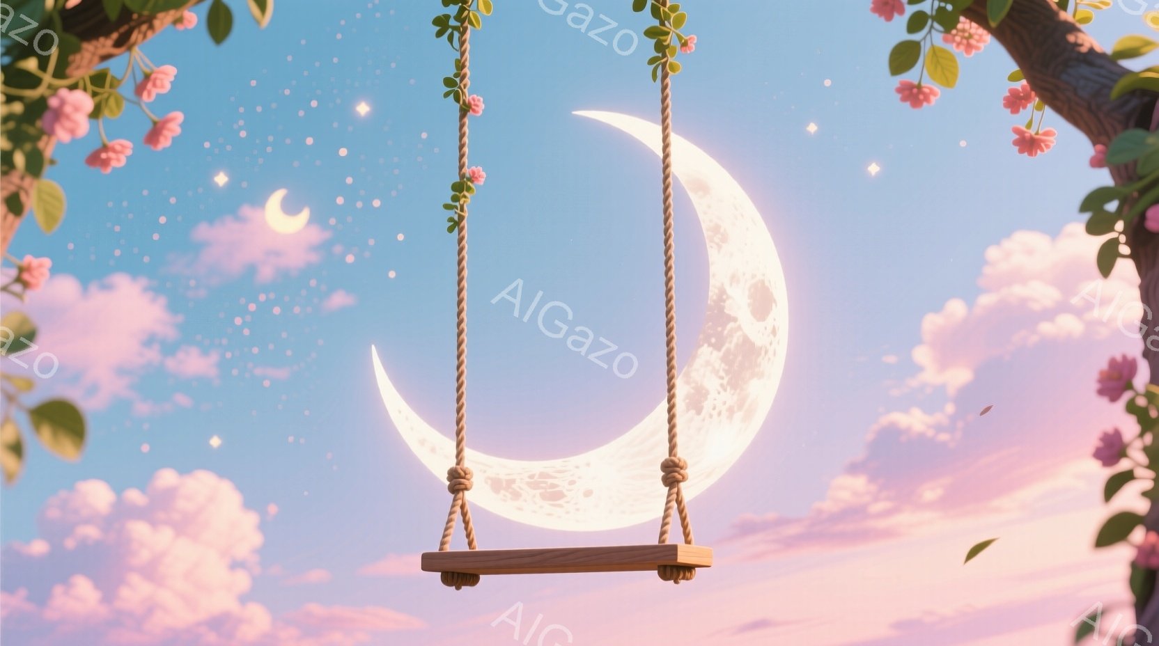 空には大きな満月が輝き、雲が淡いピンクと青色で空を彩っています。木の枝にぶら下がった古いブランコが、月に向かって弧を描くように配置され、幻想的な雰囲気を醸し出しています。ピンク色の花がブランコを縁取り - AI生成フリー素材