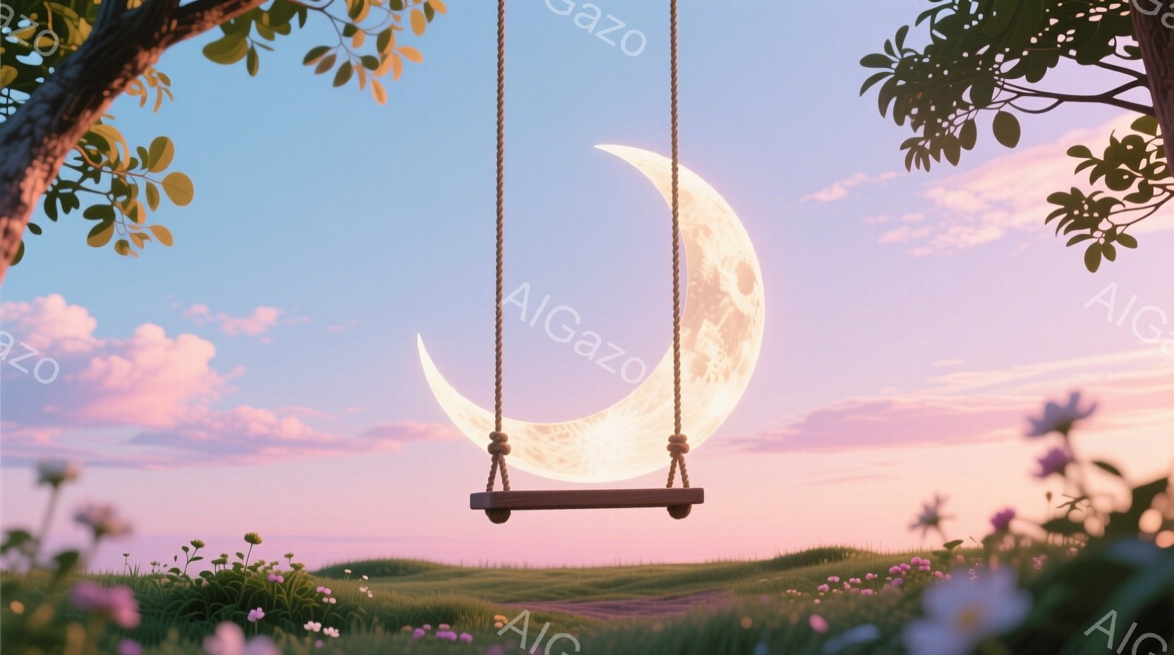 鮮やかなピンクとオレンジ色の空の下、丘の上に吊り下げられた木製のブランコが月を捉えています。周囲には緑豊かな草地と小さな花々が咲き乱れ、夢幻的な雰囲気を醸し出しています。空は柔らかい雲に覆われ、暖かく - AI生成フリー素材