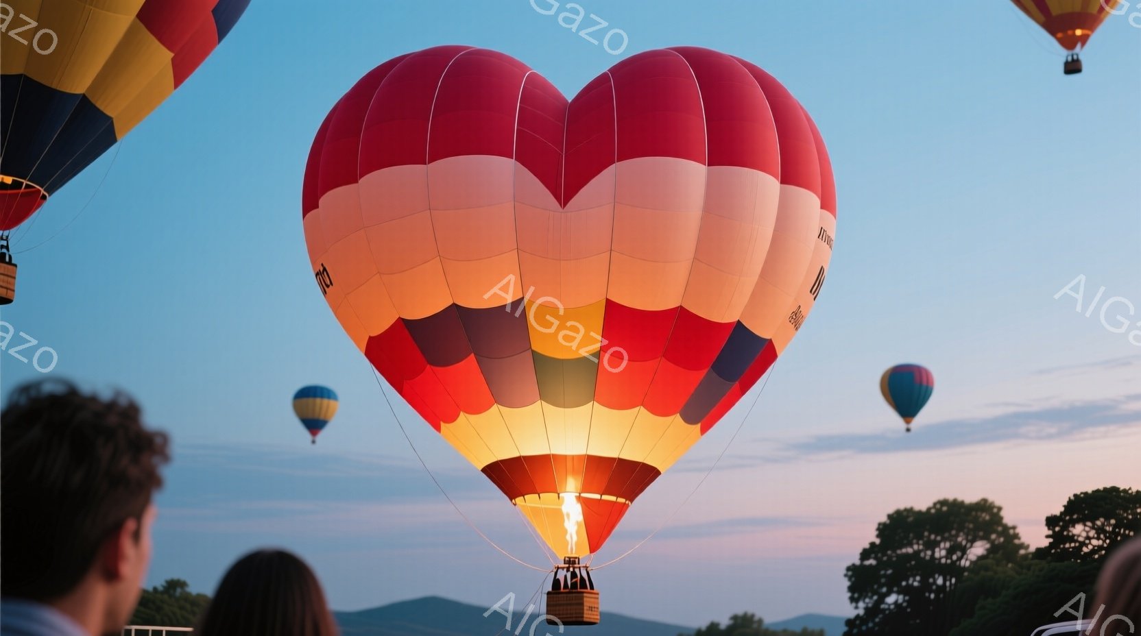 空には、赤、オレンジ、黄色が混ざり合った大きな熱気球が浮かんでいる。熱気球の下には小さな籠があり、中の人々は確認できないが、炎が燃え盛っている様子から、飛行中であることがわかる。背景には緑豊かな丘と、 - AI生成フリー素材