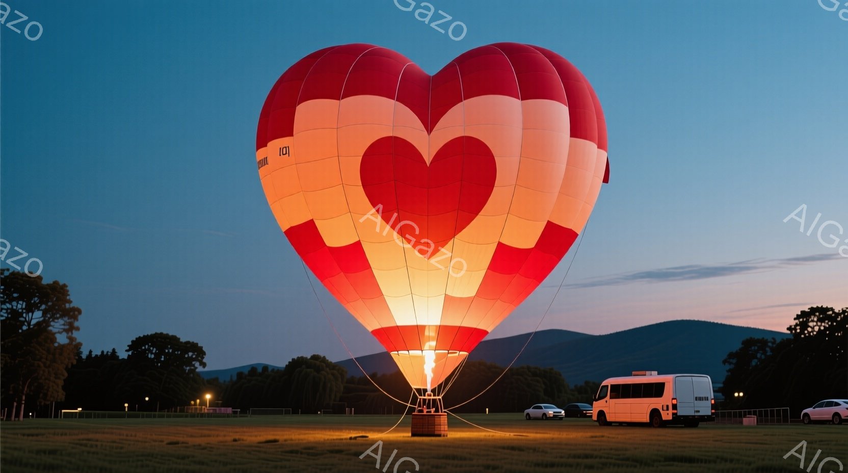 広大な緑の草原に、ハート型の熱気球が浮かび上がっている。熱気球は赤、オレンジ、白のグラデーションで彩られ、内部から暖かい光が放たれている。遠景にはなだらかな山々が連なり、薄暗い空と草原を照らす街灯が点 - AI生成フリー素材