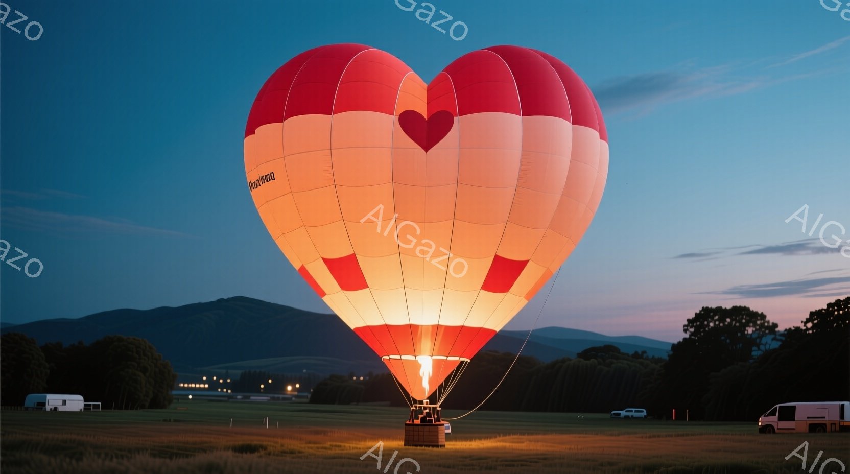 青空と夕焼け空が広がる草原に、ハート型の装飾が施された大きな熱気球が浮かんでいる。熱気球はオレンジと赤のグラデーションで、内部から光が放たれており、下には小さくバスケットが見える。遠景には山々が連なり、いくつかの白い車が点在しており、穏やかで平和な雰囲気を醸し出している。