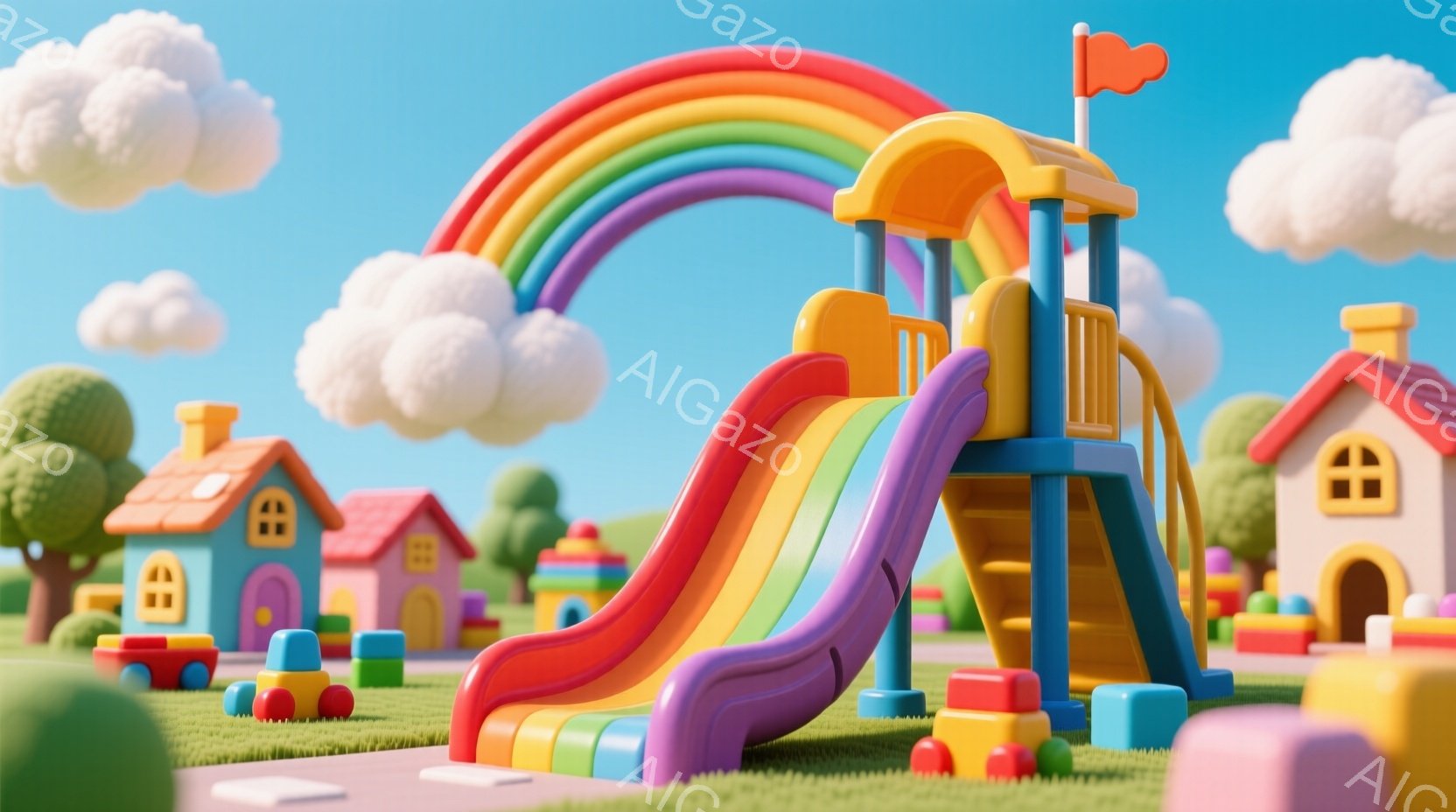 カラフルな遊具が広がる公園の風景です。ピンク、紫、緑、黄色などの鮮やかな色の滑り台が目立ち、周りには可愛らしい家々や緑の茂みが配置されています。空にはふわふわとした雲が浮かび、晴天で明るい雰囲気です。 - AI生成フリー素材