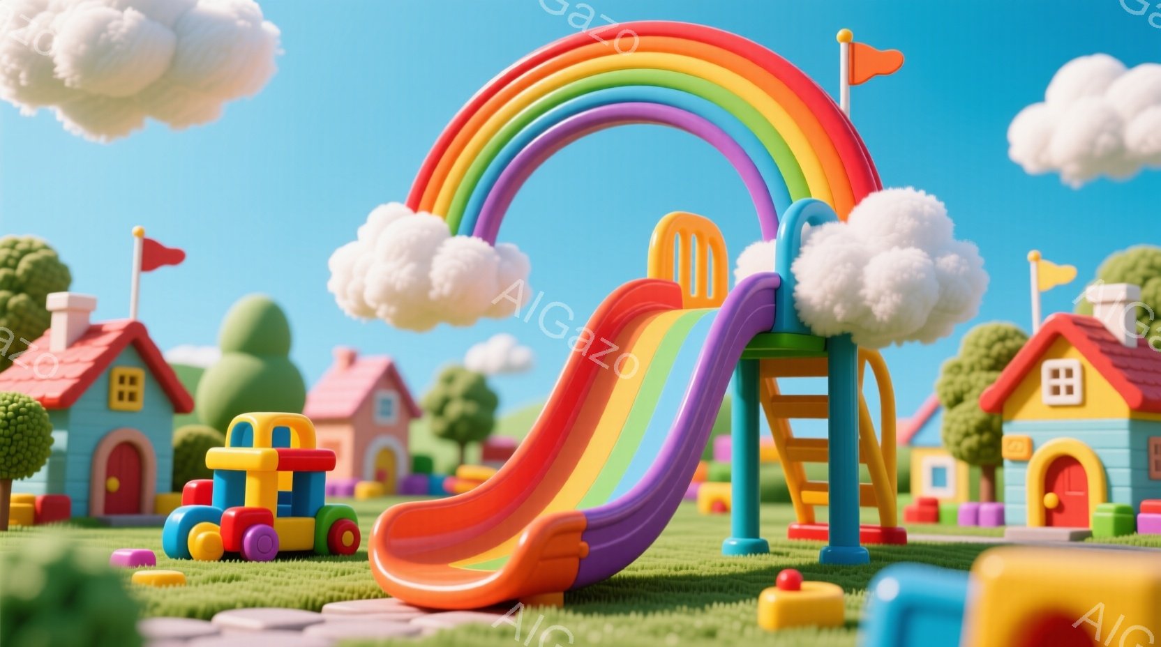 カラフルな遊園地が広がり、虹色の滑り台が中央にそびえ立っています。背景には、可愛らしい家々や緑豊かな木々が並び、空にはふわふわとした雲が浮かんでいます。全体的に明るく、楽しげな雰囲気が漂い、子供たちが喜びそうな遊び場です。
