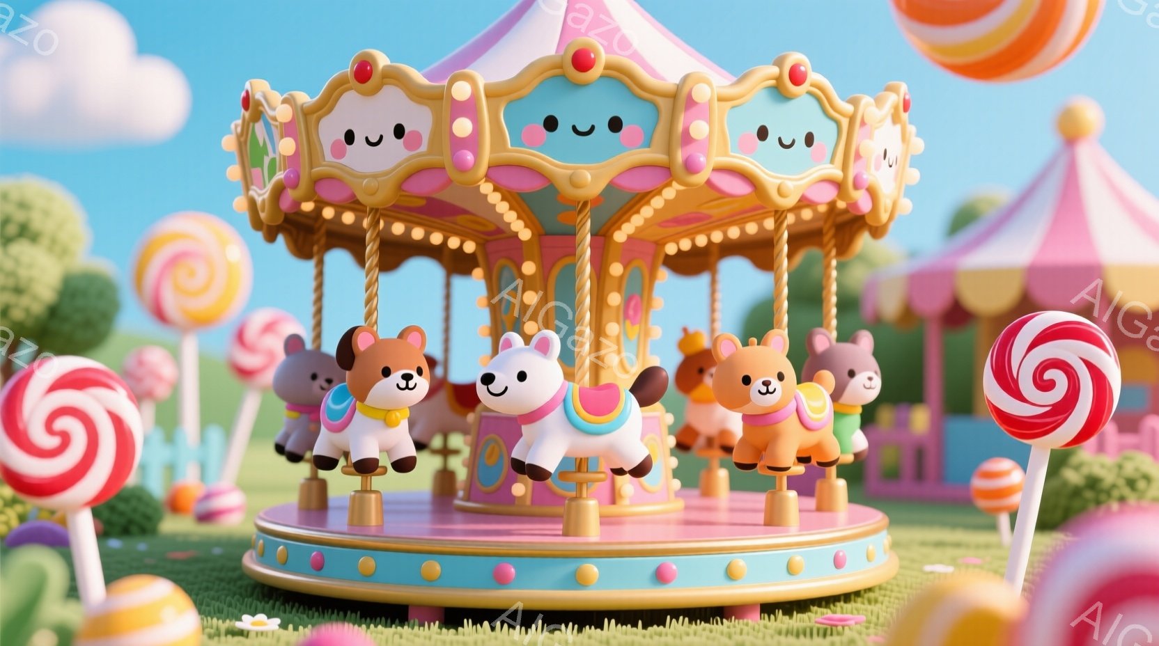 明るいパステルカラーで彩られたメリーゴーランドが、緑の草の上に静止している。可愛らしい動物たちが乗り物として配置され、それぞれ穏やかな表情を浮かべている。背景にはキャンディのオブジェや、パステルピンク - AI生成フリー素材
