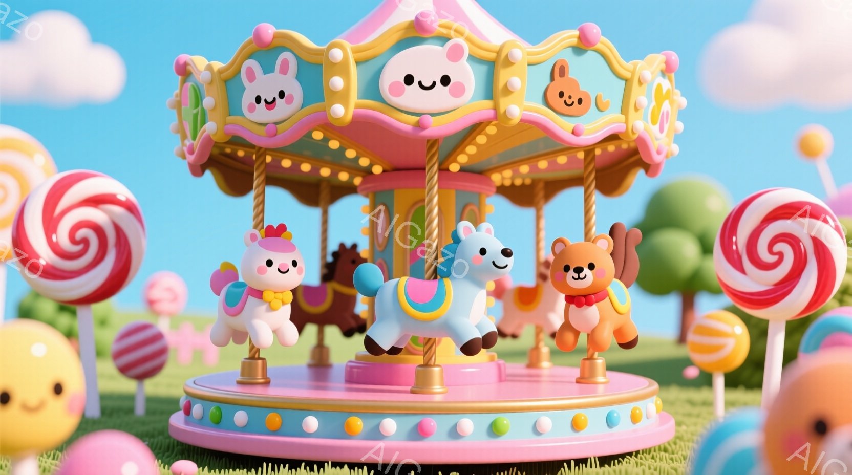 明るいピンクと水色のメリーゴーランドが、緑の芝生の上で回っています。メリーゴーランドには、ピンクの鶏、白い馬、茶色のクマの動物の乗り物が並び、それぞれ可愛らしい表情をしています。背景には、キャンディーや雲があり、全体的に夢のような、楽しい雰囲気が漂っています。