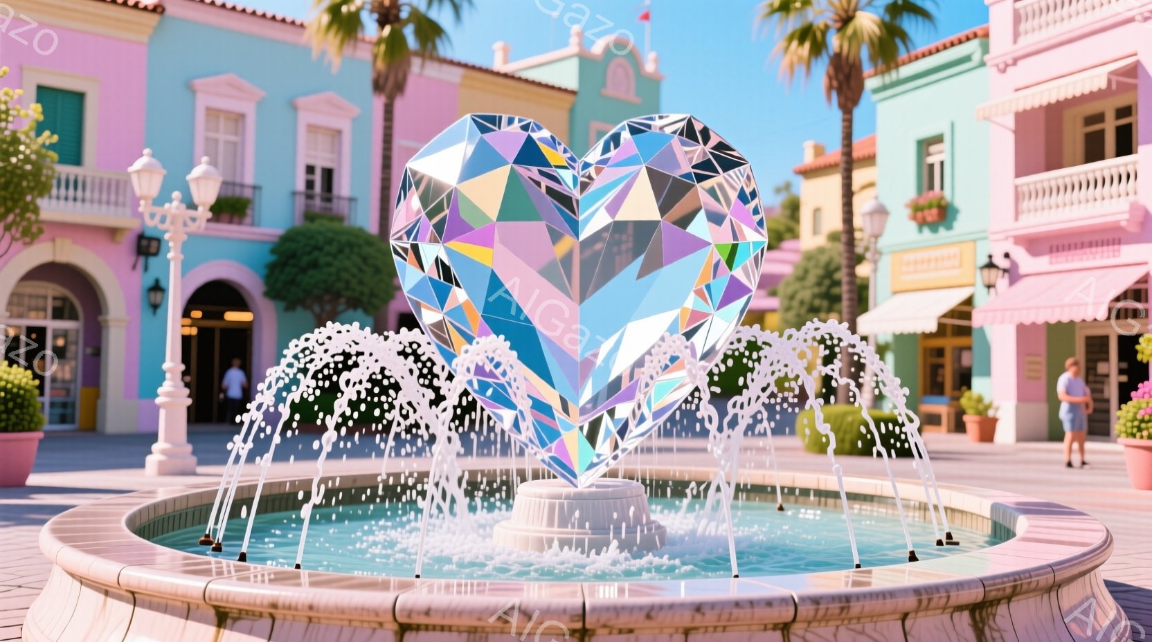 広場の中央には、きらめく巨大なダイヤモンドの形をした噴水が設置されており、水しぶきが太陽光を反射して虹色に輝いている。背景にはパステルカラーの可愛らしい建物が並び、ヤシの木が南国らしい雰囲気を醸し出し - AI生成フリー素材