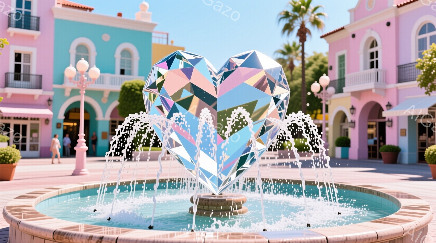 エスカルゴ公園内の場所にある、大きな心形のファウンテンです。中央の水柱から水が流れ出しており、周辺に人々が散策しています。建物の色と装飾は楽しいです。晴れた日であり、空気は暖かく快適に感じられます。