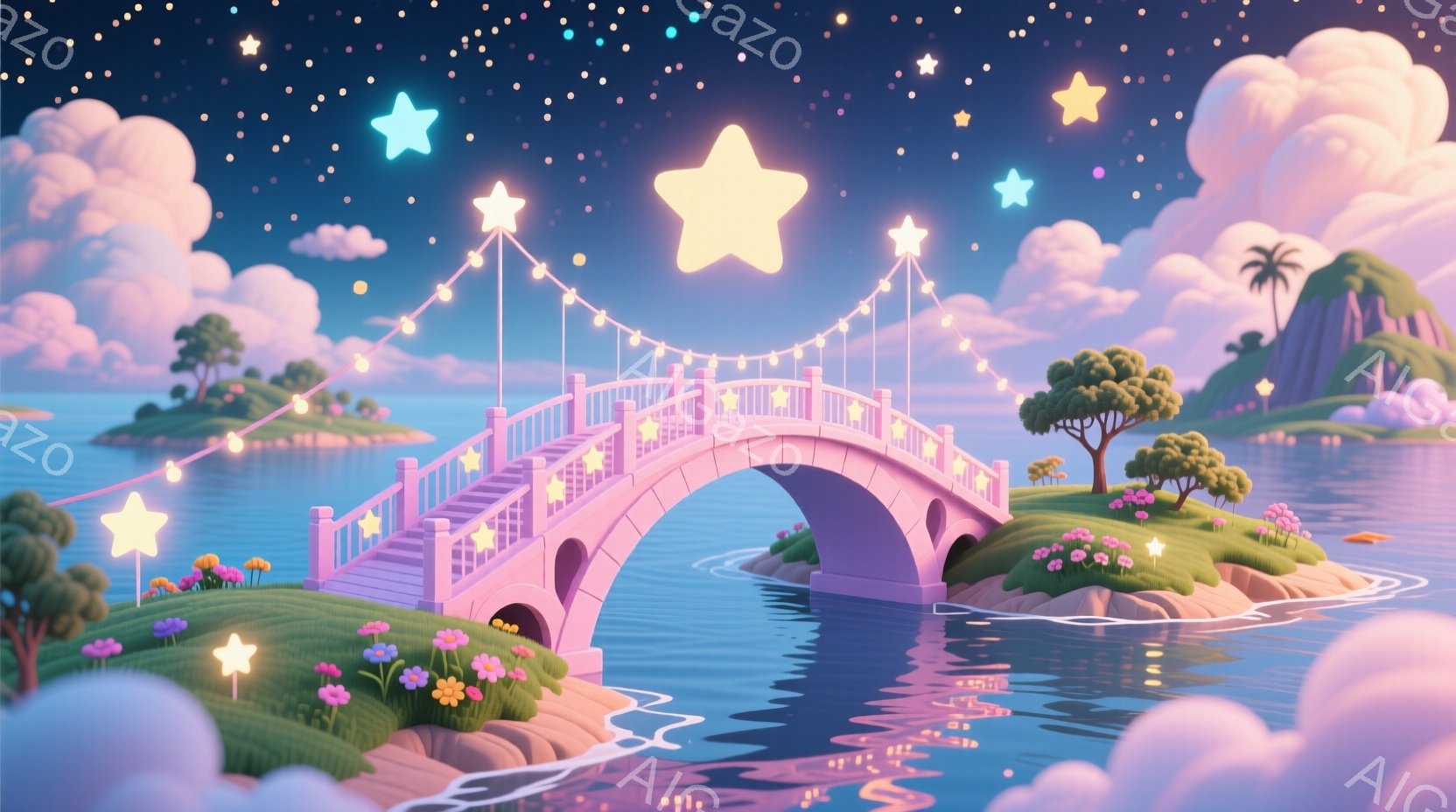 淡いピンク色のアーチ橋が、穏やかな水面をまたがって小さな島々を結んでいます。夜空には星が輝き、水面や島々には光る花々が咲き乱れ、夢のような幻想的な雰囲気を醸し出しています。明るい星や花々の光が水面に反 - AI生成フリー素材