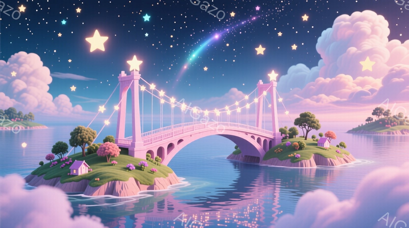 淡いピンク色のアーチ橋が、静かな海に浮かぶ二つの小さな島を結んでいます。橋には電飾が飾られ、夜空には流れ星が輝き、幻想的な雰囲気を醸し出しています。周囲にはふわふわとした雲が浮かび、可愛らしい家々が緑 - AI生成フリー素材
