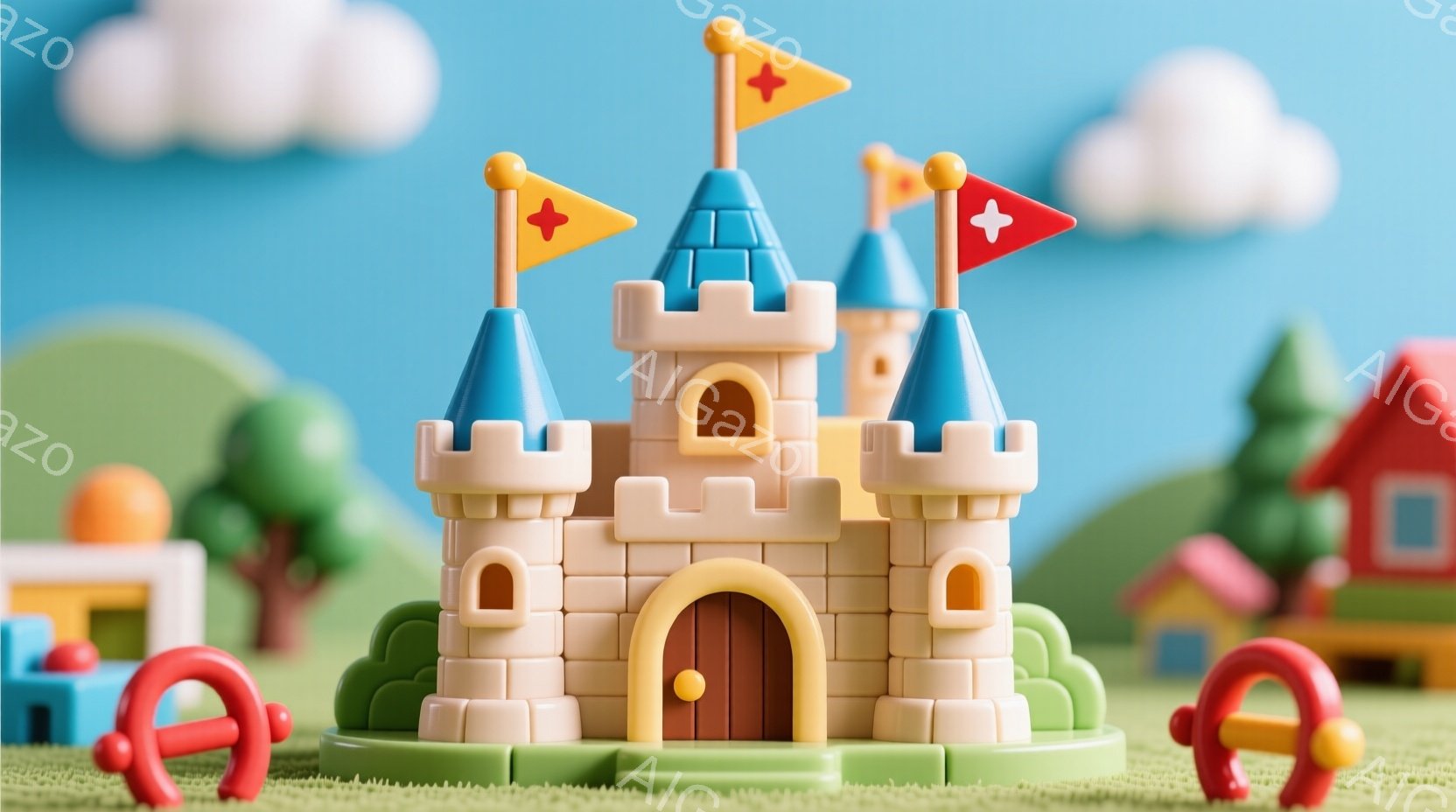 鮮やかな青空の下、クリーム色の可愛らしいお城が緑の芝生の上に建っています。お城には赤い旗が飾られ、正面にはアーチ型の入り口があります。背景には、シンプルなデザインの家々や、ふわふわとした白い雲が見え、全体的に暖かく、おとぎ話のような雰囲気です。