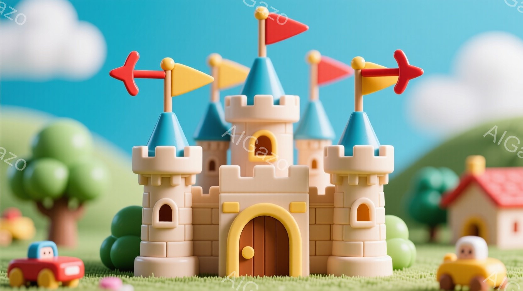 鮮やかな緑の芝生の上に、クリーム色の可愛らしいお城が建っています。お城には、赤、黄、青の旗が飾られ、可愛らしいアーチ型の入り口が特徴的です。背景には、小さな家や丸い形の木々が見え、晴れた青空が広がって - AI生成フリー素材