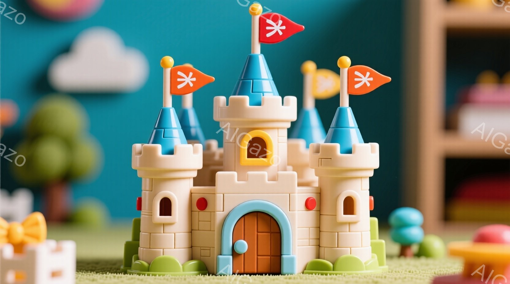 明るい緑色の芝生の上に置かれた、可愛らしいお城の玩具です。クリーム色の壁と青い塔が特徴で、それぞれに赤い旗が飾られています。背景には、他の玩具や家具の一部が見え、遊び心あふれる雰囲気が漂っています。