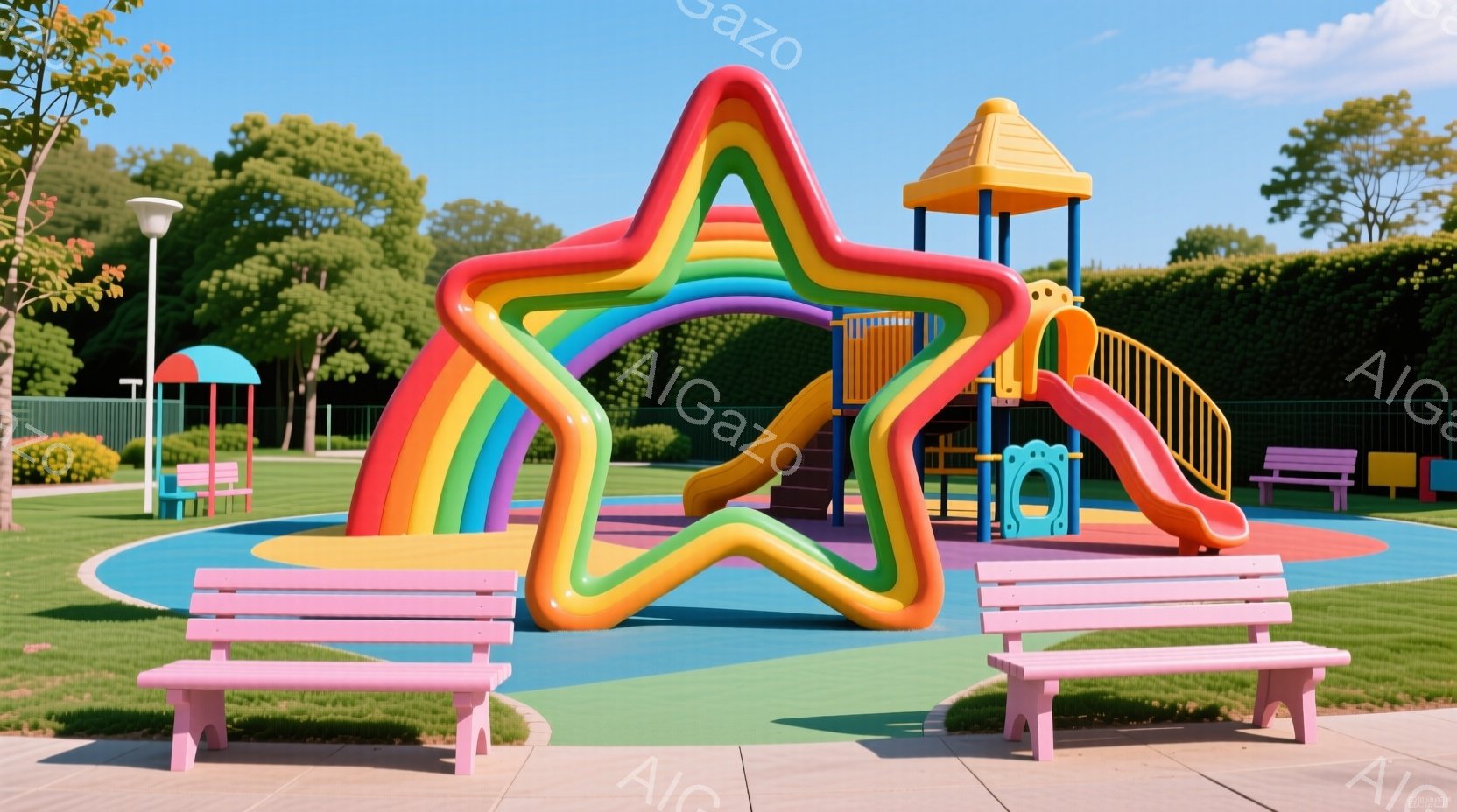 公園内にカラフルな遊具が設置されており、特に大きな星形の複合遊具が目を引きます。遊具は虹色に彩られ、滑り台やトンネルなど様々な遊び要素を備えています。背景には緑豊かな木々と青空が広がり、晴れた日の穏や - AI生成フリー素材