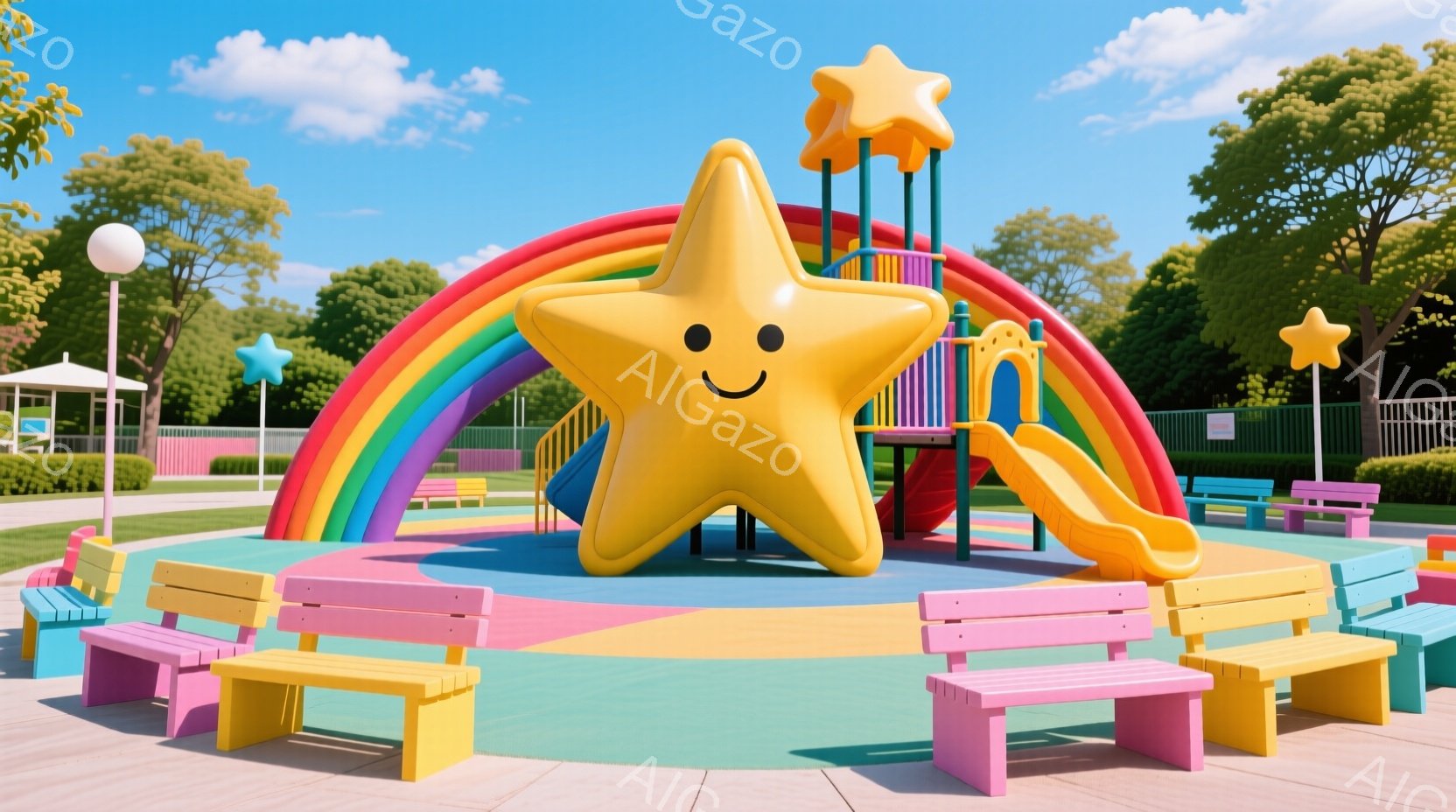 カラフルな遊具が並ぶ公園の様子です。大きな星形の滑り台を中心に、虹色のアーチや様々な形のベンチが配置されています。晴天の下、緑豊かな木々と明るい空が、子供たちが楽しく遊べる活気ある雰囲気を演出していま - AI生成フリー素材