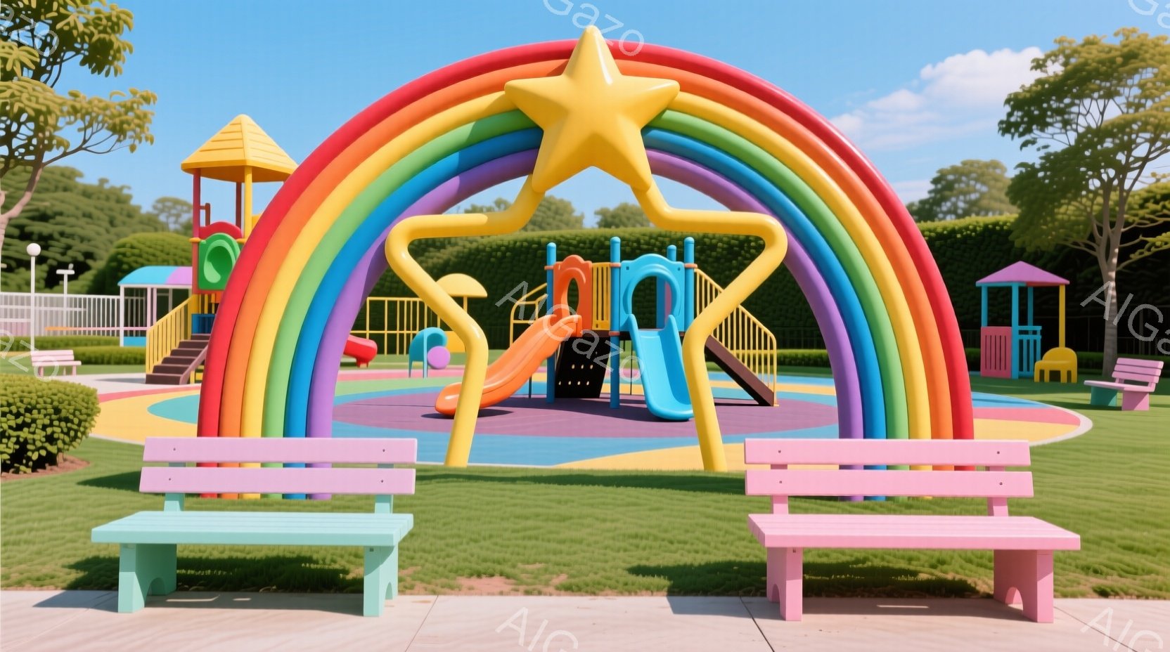 広場には、虹色のアーチ状の遊具が設置されており、その下には青い滑り台と遊び場があります。周囲には緑豊かな芝生と木々が広がり、明るい晴天の下、楽しげな雰囲気です。ピンク色のベンチが２つ遊具の前に配置されており、子供たちが遊ぶための休憩場所となっています。