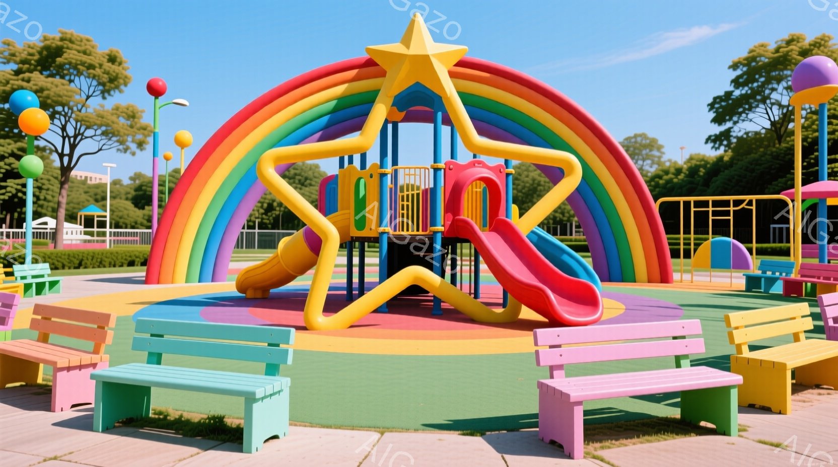 カラフルな遊具が並ぶ公園の風景です。虹色のアーチ型の遊具が中央にあり、滑り台や遊具の足場が組み合わされています。背景には緑豊かな木々、建物、そして晴れた空が広がっており、明るく楽しい雰囲気を醸し出して - AI生成フリー素材