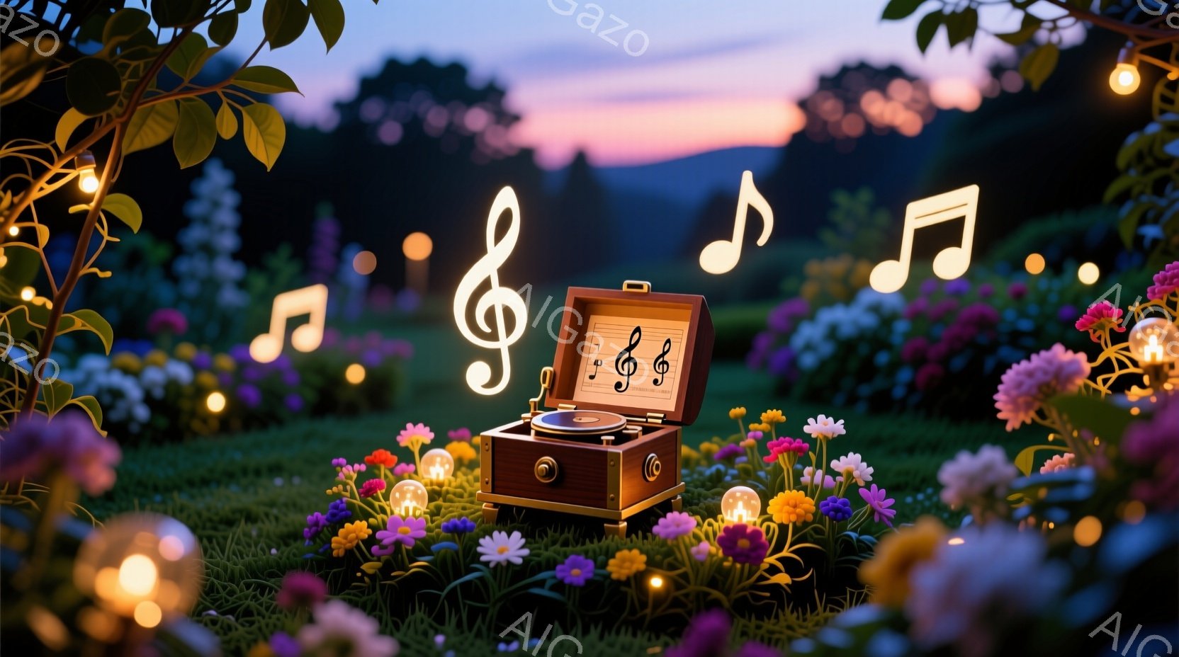 鮮やかな花々が咲き乱れる草原に、レトロなラジオが置かれています。ラジオからは音符が光り輝き、まるで音楽が流れ出すような幻想的な雰囲気を醸し出しています。背景には緑豊かな丘と、夕焼け空が広がり、暖かい光 - AI生成フリー素材