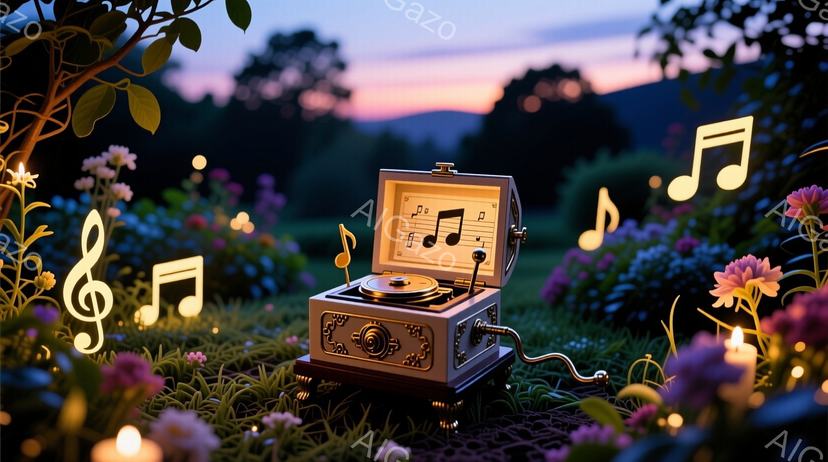 古風なオルゴールが緑豊かな草地に置かれており、周囲には様々な色の花々が咲き乱れている。背景には穏やかな夕焼け空が広がり、周囲には光り輝く音楽記号とロウソクが幻想的な雰囲気を醸し出している。全体として、優雅で穏やかな、夢のような情景が表現されている。