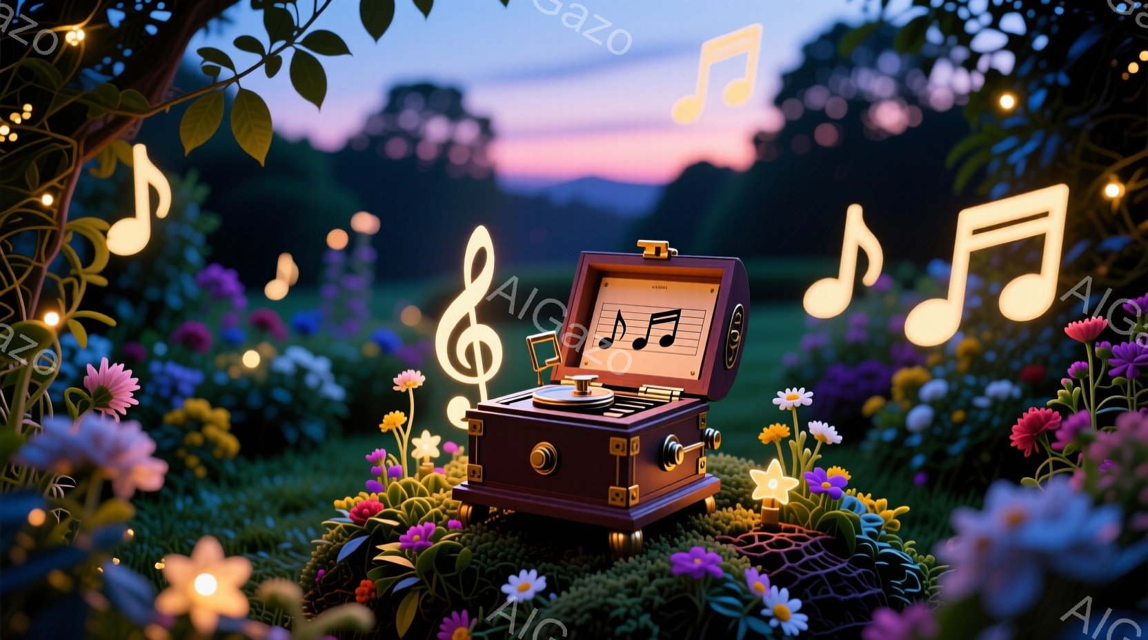 カラフルな花々が生い茂る草原に、レトロな蓄音機が置かれています。蓄音機からは音楽記号が舞い上がり、暖かく幻想的な雰囲気を作り出しています。背景には緑豊かな木々が広がり、穏やかで平和な情景が広がっています。