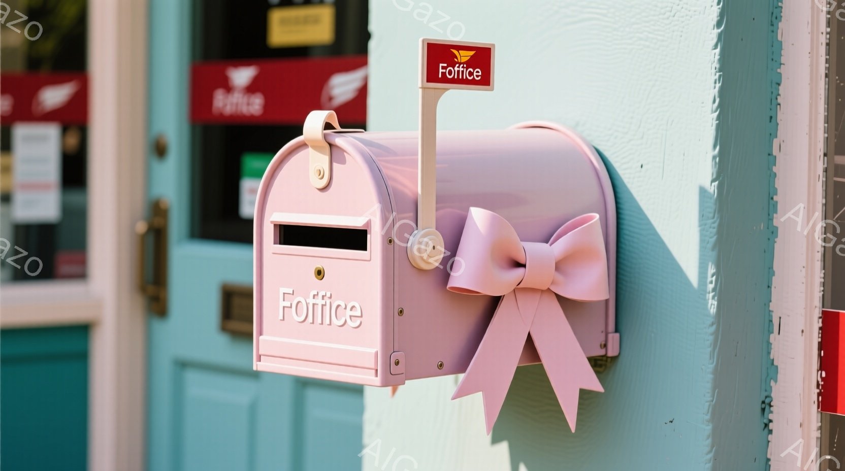 淡いピンク色の可愛らしい郵便受けが、薄緑色の壁に取り付けられています。郵便受けの上には、赤い背景に白い文字で「Foffice」と書かれた小さな看板が付いており、可愛らしいリボンが飾られています。背景に - AI生成フリー素材