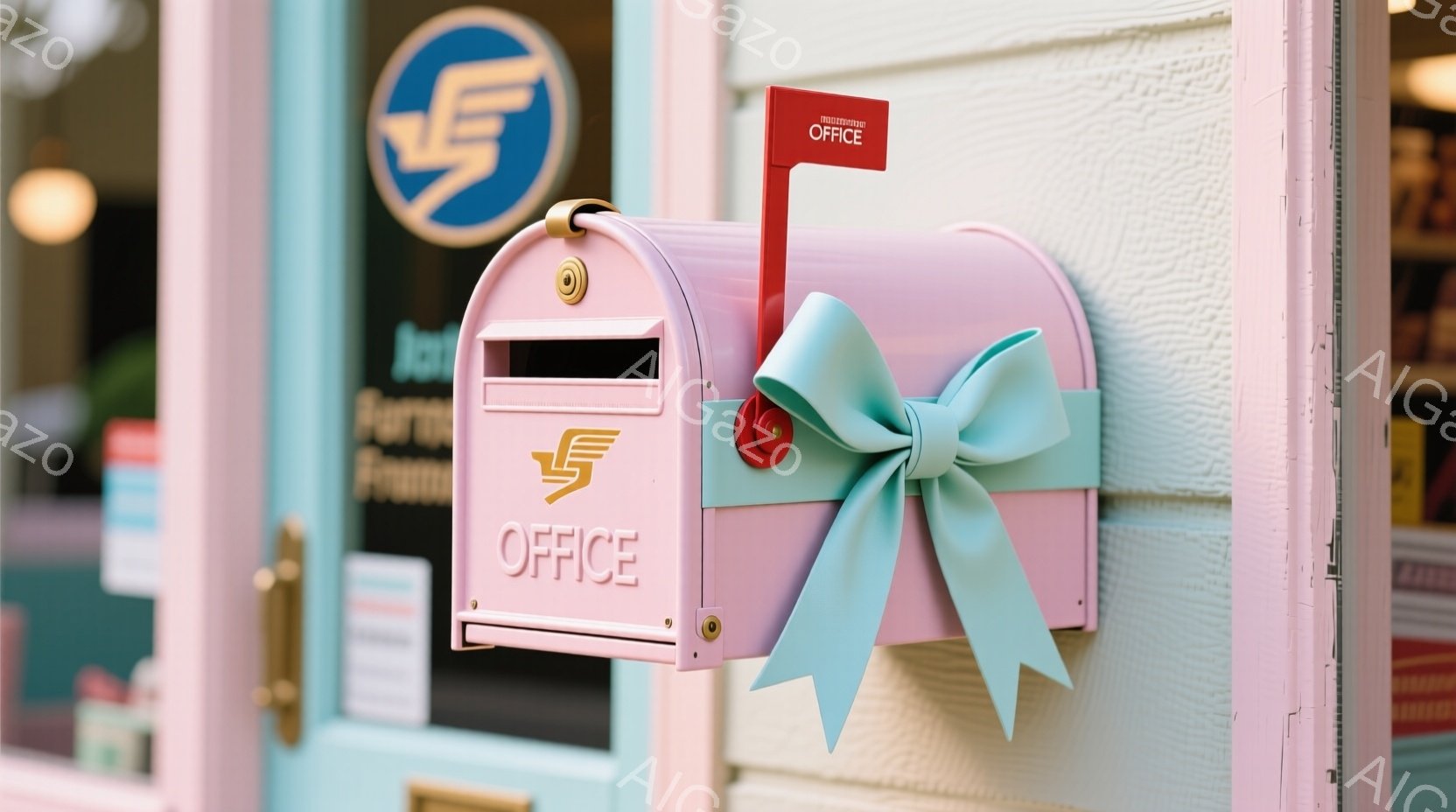薄いピンク色の郵便ポストが、水色のドアに取り付けられています。ポストには金の文字で「OFFICE」と書かれ、上部には大きな水色のリボンが飾られています。ドアの横には、様々な色の書類や看板がわずかに見え、背景には明るい光が差し込んでいます。