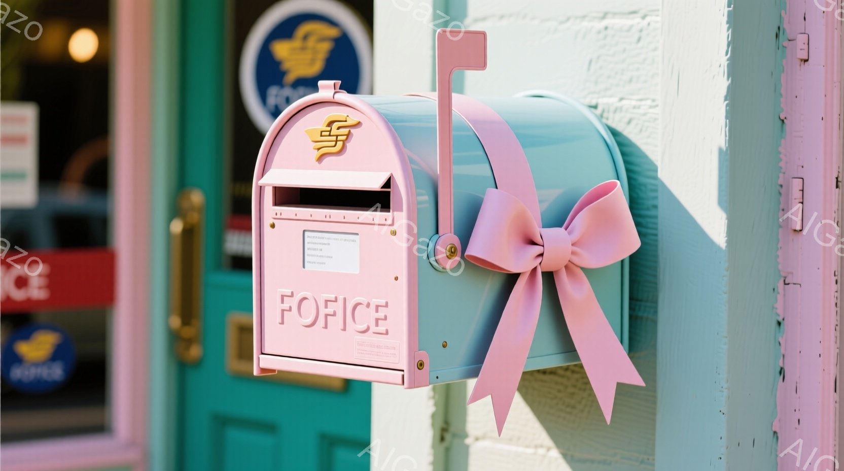 淡い水色の郵便ポストが、薄いピンク色のドアに設置されています。ポストには「Fofice」という文字が書かれており、大きなピンク色のリボンが飾りとして付いています。背景には、青緑色の建物の一部と、ぼやけ - AI生成フリー素材