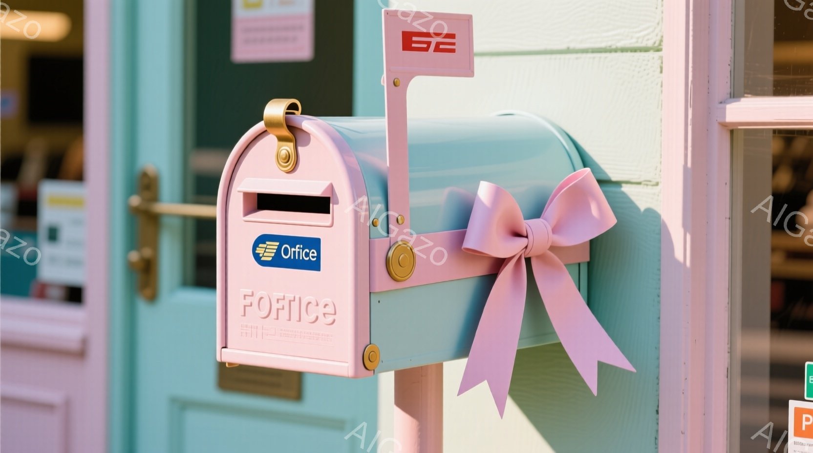 薄い水色の郵便ポストが、壁に取り付けられています。正面には「OFFICE」と書かれたロゴがあり、リボンが結ばれています。背景には、ピンクとクリーム色の壁、そして何らかの看板が見え、全体的にパステルカラーで可愛らしい雰囲気です。