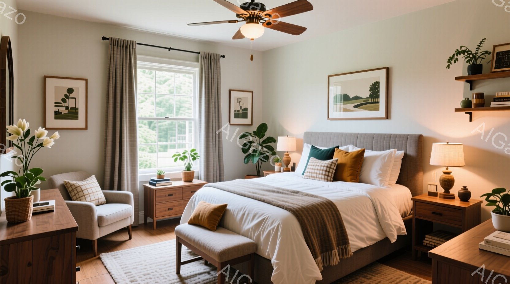 明るい日差しが差し込む寝室で、アースカラーを基調とした落ち着いた空間が広がっています。ベッドはオフホワイトのリネンで彩られ、テラコッタやオリーブグリーンのクッションがアクセントになっています。窓辺には観葉植物が置かれ、自然の温もりを感じさせる、リラックスできる雰囲気です。