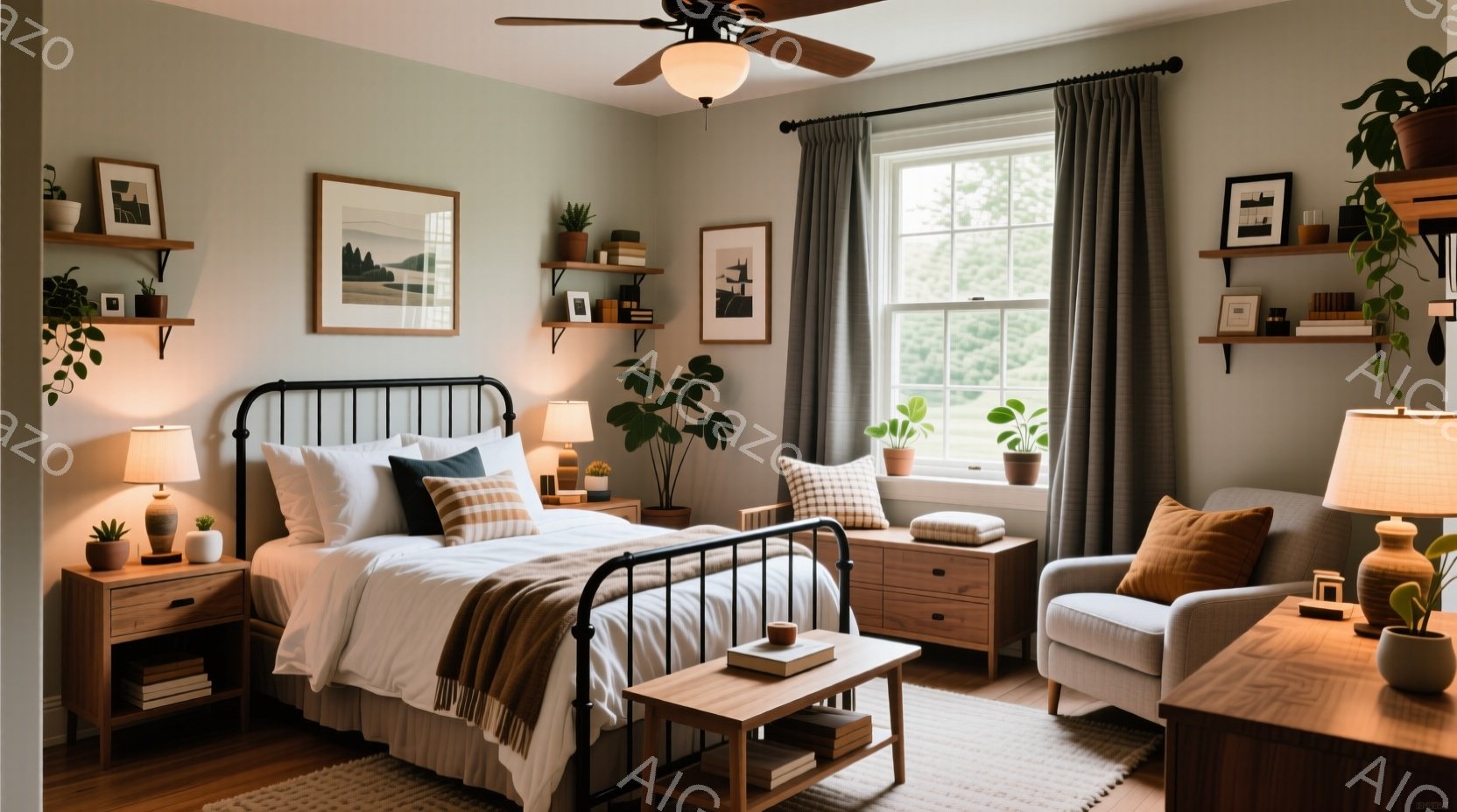 明るいグリーンの壁に囲まれた寝室で、金属製のフレームのベッドが中央に配置されています。ベッドには白いリネンがかけられ、幾何学模様のクッションとベージュのブランケットがアクセントとして加えられています。 - AI生成フリー素材