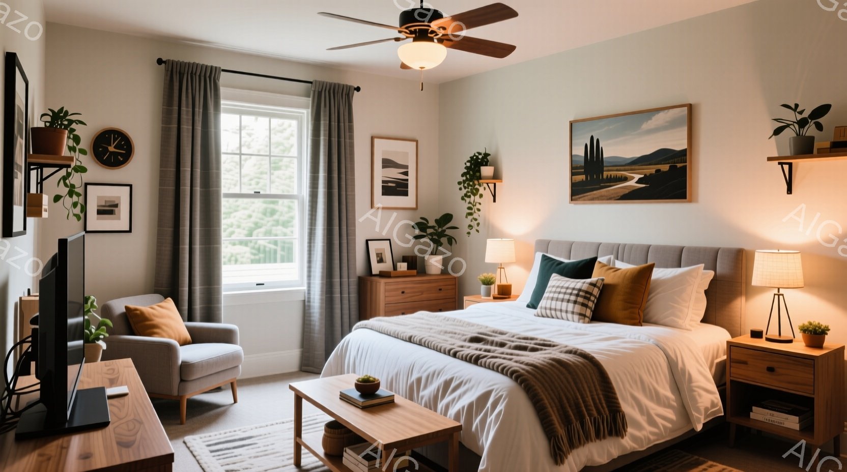 明るい寝室は、白を基調とした壁と木製の家具が調和しています。ベッドには白いリネンとオレンジとグリーンの枕が置かれ、アクセントとしてグレーのブランケットがかけられています。窓からは緑豊かな自然が見え、部屋全体に穏やかでリラックスした雰囲気を作り出しています。