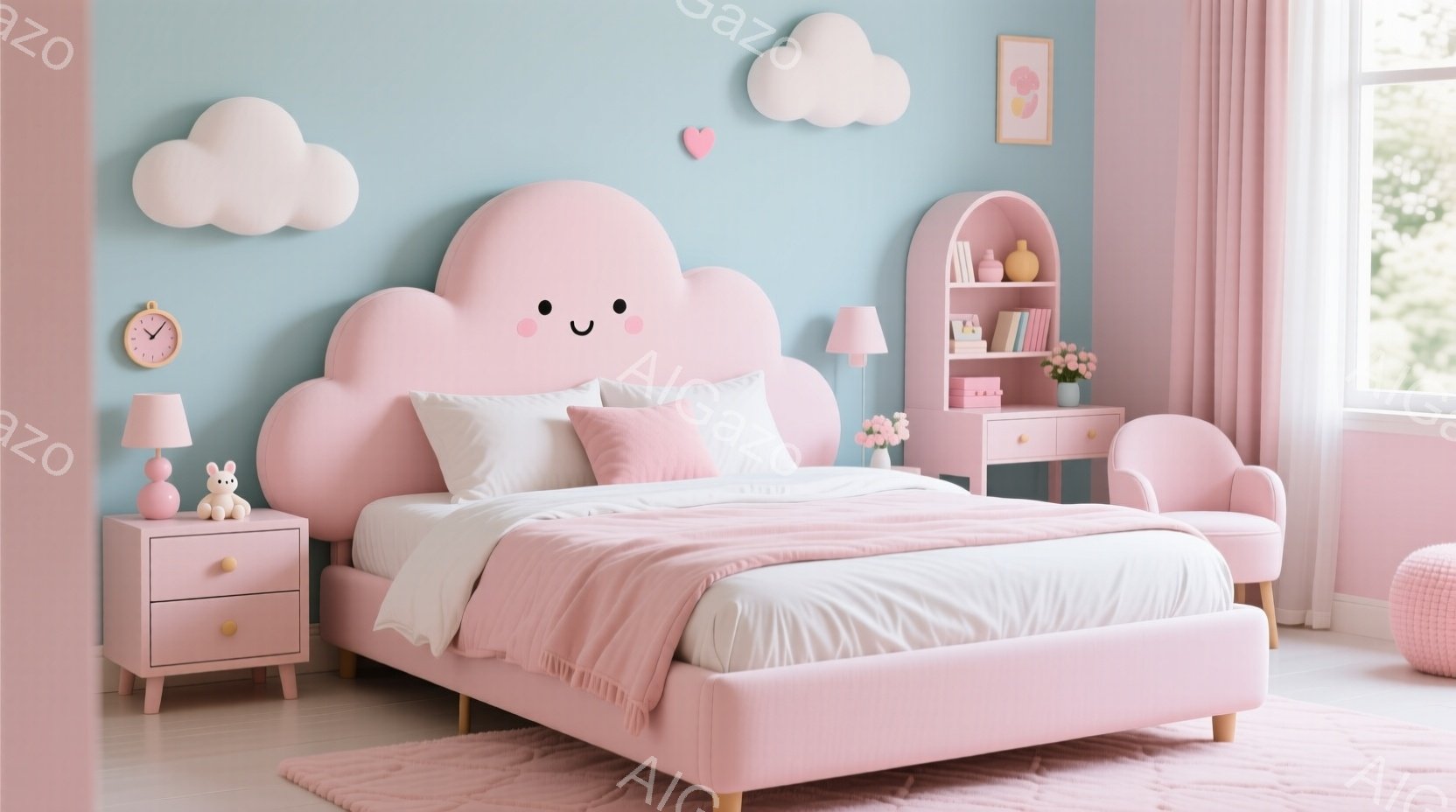 柔らかいピンク色のベッドルームで、雲の形をしたヘッドボードが特徴的です。ベッドサイドテーブルにはランプと可愛らしいウサギの置物が飾られ、背景にはピンク色のキャビネットと雲の形の装飾が並んでいます。全体的にパステルカラーで統一されており、夢のような可愛らしい雰囲気が漂っています。