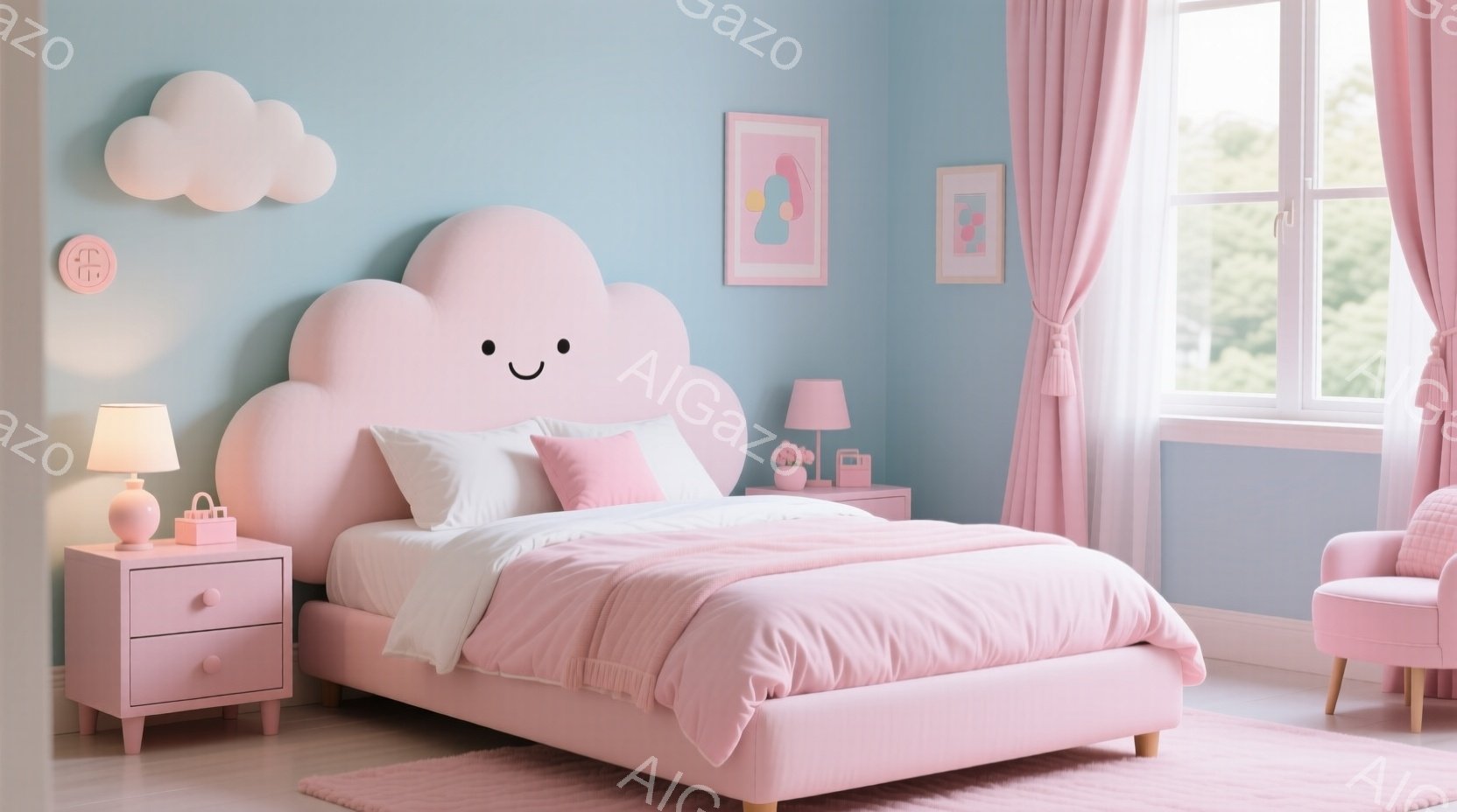 柔らかいピンク色のベッドルームで、雲の形をしたヘッドボードが特徴的です。部屋全体がパステルカラーで統一され、壁は水色、カーテンは濃いピンク色で、穏やかで可愛らしい雰囲気を醸し出しています。窓からは緑豊かな風景が見え、明るく心地よい空間を作り出しています。