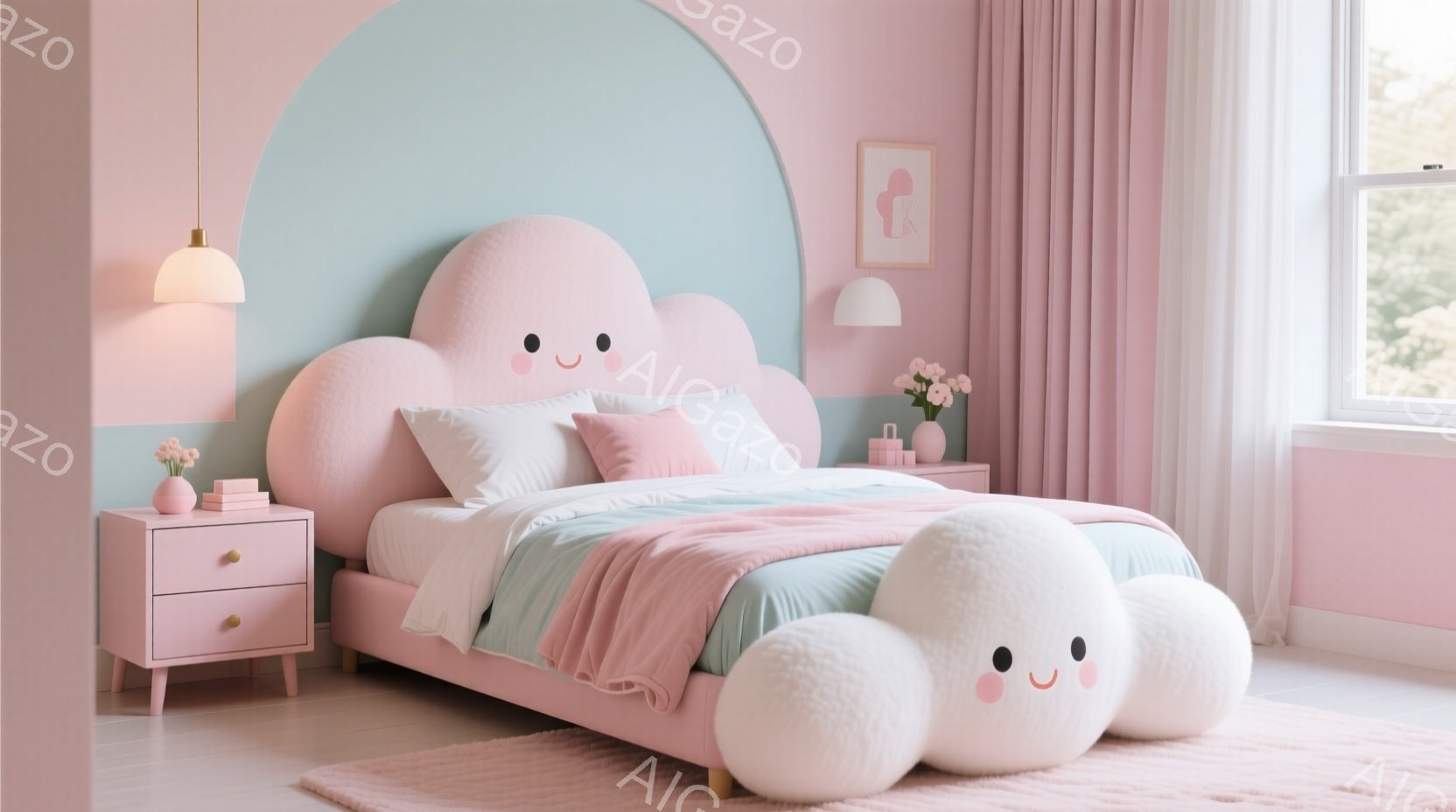 明るいピンクと水色の配色が印象的な寝室で、雲をモチーフにしたベッドが可愛らしいです。ベッドサイドテーブルの上には本と小さな花瓶が置かれ、窓の外には緑が見え、穏やかな雰囲気を醸し出しています。全体的に柔 - AI生成フリー素材