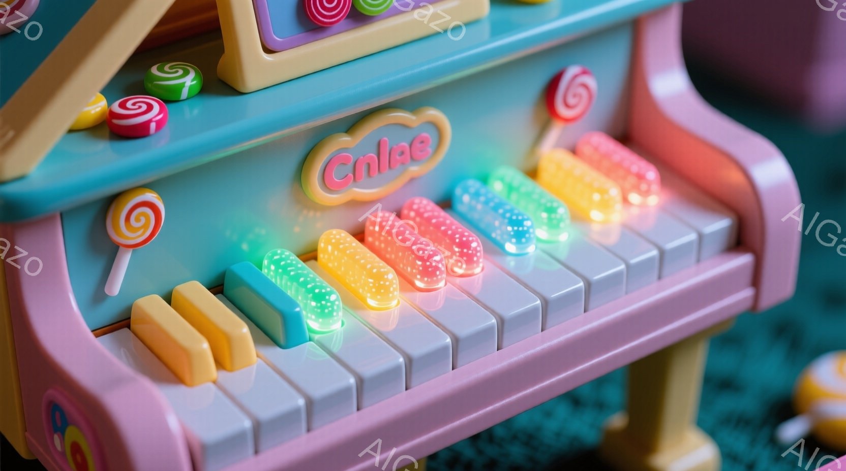 明るいピンク色の子供用ピアノが写っており、鍵盤の一部が光ってカラフルなキャンディのような色をしています。ピアノの上部には、棒付きキャンディが飾られており、全体的に甘くて楽しい雰囲気を醸し出しています。背景はぼやけていますが、カラフルな遊具の一部が見え、遊び心のある空間を示唆しています。