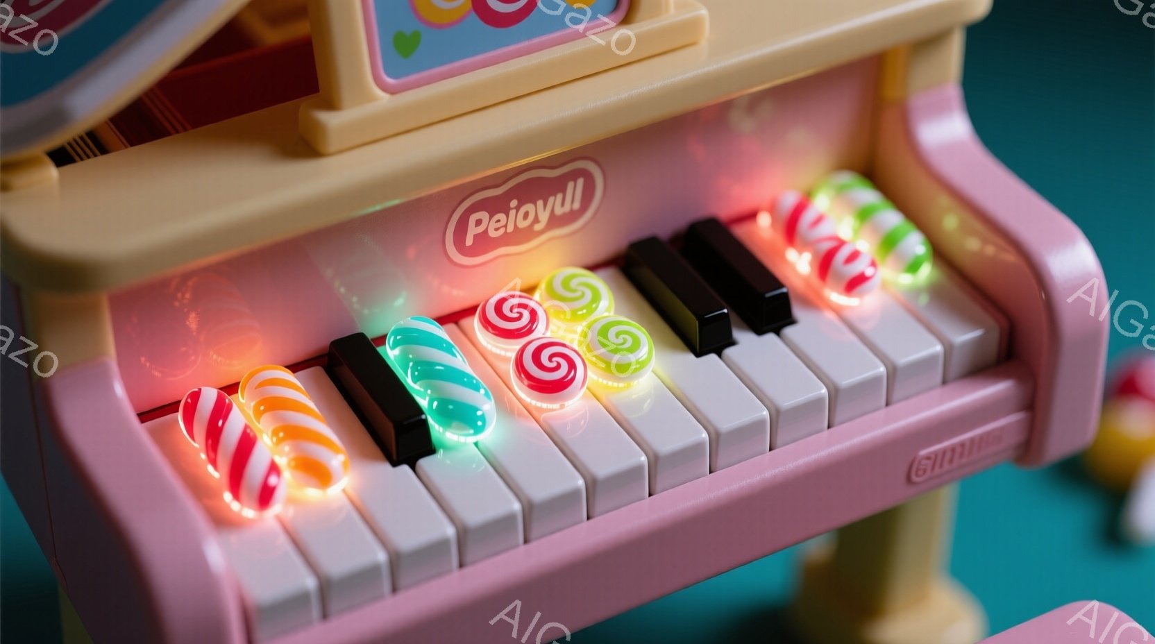 ピンク色の子供用ピアノの鍵盤に、カラフルなキャンディーが並べられています。鍵盤は白と黒で、キャンディーが光ってアクセントになっています。背景は明るい緑色で、おもちゃのような可愛らしい雰囲気が漂っていま - AI生成フリー素材