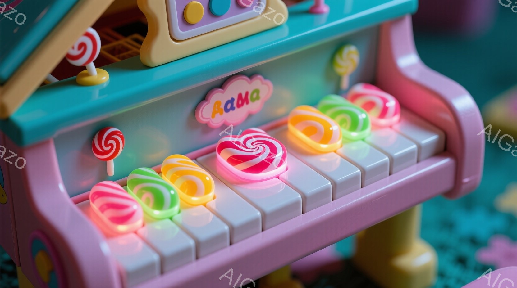 明るいピンクと水色の幼児用のおもちゃのピアノが写っている。鍵盤にはキャンディーが乗っており、全体的にポップでカラフルな印象を与える。背景には他の明るいおもちゃが見え、遊び心に満ちた雰囲気である。