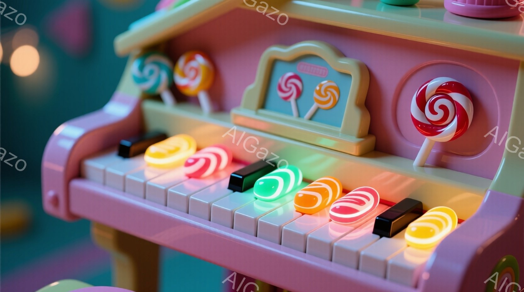 明るいピンク色のキャンディを模したおもちゃのピアノが写っています。鍵盤は虹色に光っており、上部にはキャンディのイラストが描かれた楽譜台が付いています。背景はぼやけており、おもちゃの世界観を強調した、甘 - AI生成フリー素材