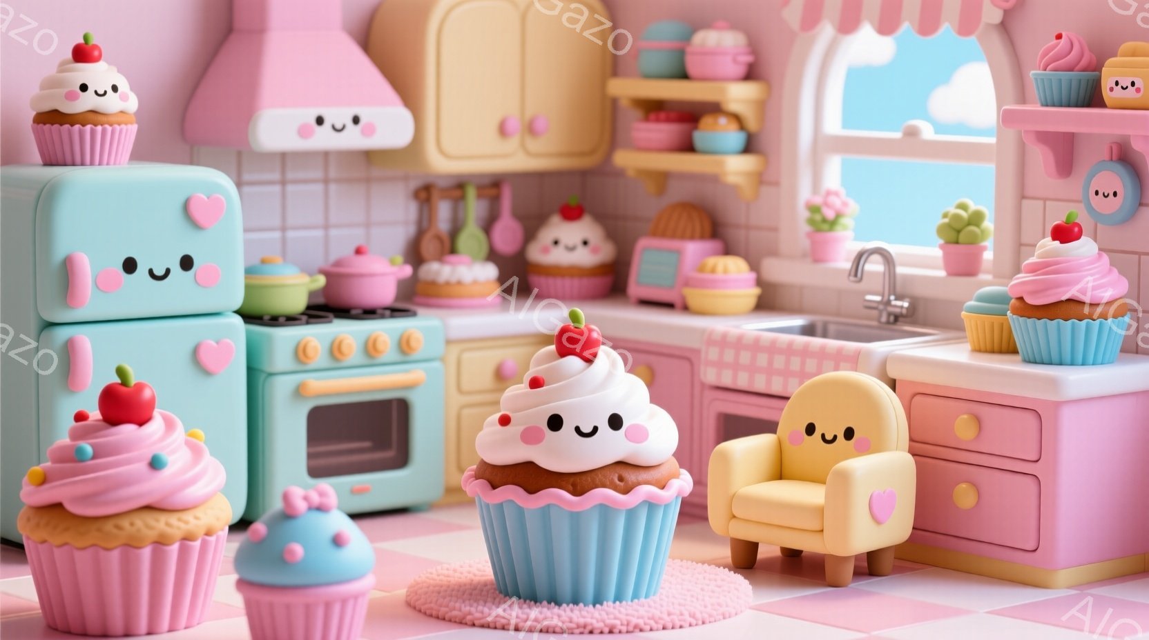 ピンクを基調とした可愛らしいキッチンを舞台に、様々なクリームとチェリーをトッピングしたカップケーキたちが配置されています。冷蔵庫やオーブン、椅子など、キッチン用品も可愛らしい顔を持っており、全体的に温かく、夢のような雰囲気を醸し出しています。背景には窓があり、晴れた空が見え、クリーム色の床が空間全体を明るく照らしています。