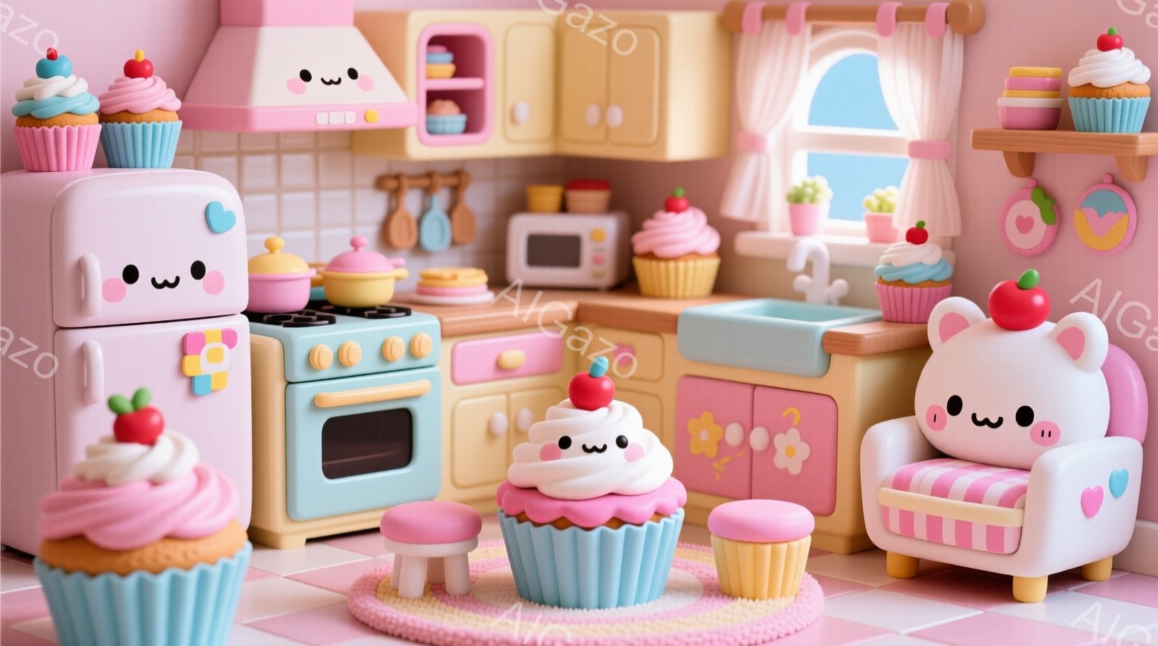 パステルカラーのキッチンを舞台にした可愛らしいシーンです。冷蔵庫、オーブン、キャビネットなどのキッチン家電はすべてカップケーキをモチーフにした愛らしい表情をしています。ピンク、水色、クリーム色を基調とした色彩は、甘くて夢のような雰囲気を醸し出しており、可愛らしいスツールや装飾がさらにその雰囲気を盛り上げています。