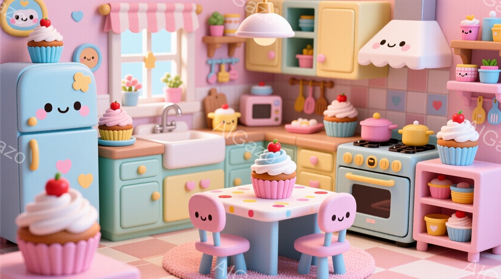 鮮やかなピンクと水色のキッチンが描かれており、まるでカップケーキのような愛らしい家電や家具で満たされています。冷蔵庫やオーブン、テーブル、椅子はすべて顔を持っており、可愛らしい表情をしています。背景には窓から差し込む光があり、全体的に甘くて夢のような雰囲気を醸し出しています。
