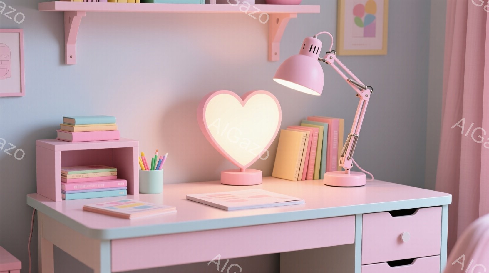 薄いピンク色の机の上に、様々な文房具や本が整然と並べられています。デスクライトはハート型で柔らかい光を放ち、淡い青色の壁が背景にあり、全体的に可愛らしく、落ち着いた雰囲気です。手前に置かれたノートとペンは、勉強や創作活動を促すように配置されています。