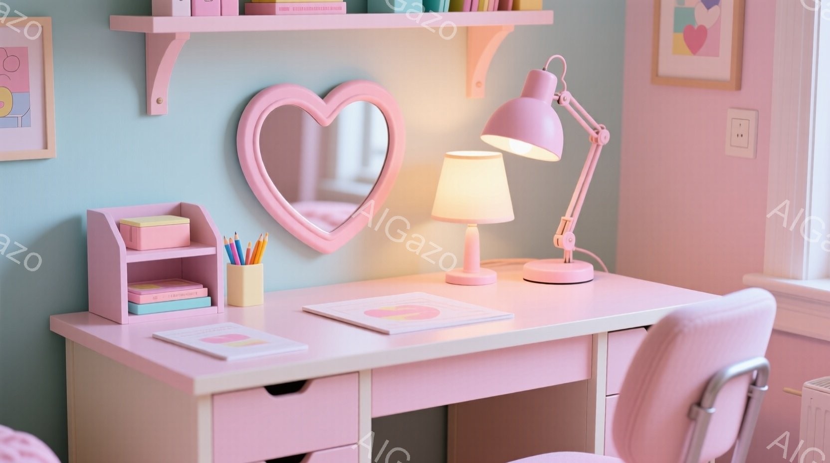 明るいピンク色の机の上には、かわいい文房具や本が整然と並べられています。壁はパステルブルーで、ハート形の鏡とピンク色の棚が飾られており、全体的に柔らかく、女の子らしい雰囲気が漂っています。机のランプは温かい光を放ち、勉強や創作活動に集中できる心地よい空間を作り出しています。