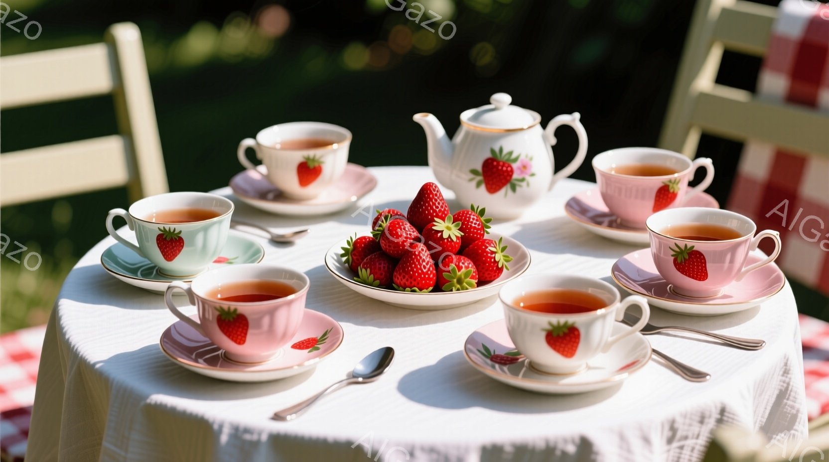 白いストライプのテーブルクロスが敷かれたテーブルの上には、可愛らしいイチゴ柄のティーセットが並んでいます。赤いストライプの椅子が少し見えており、背景には緑豊かな自然が広がっています。全体的に、明るく、暖かく、甘い午後のティータイムの雰囲気が漂っています。