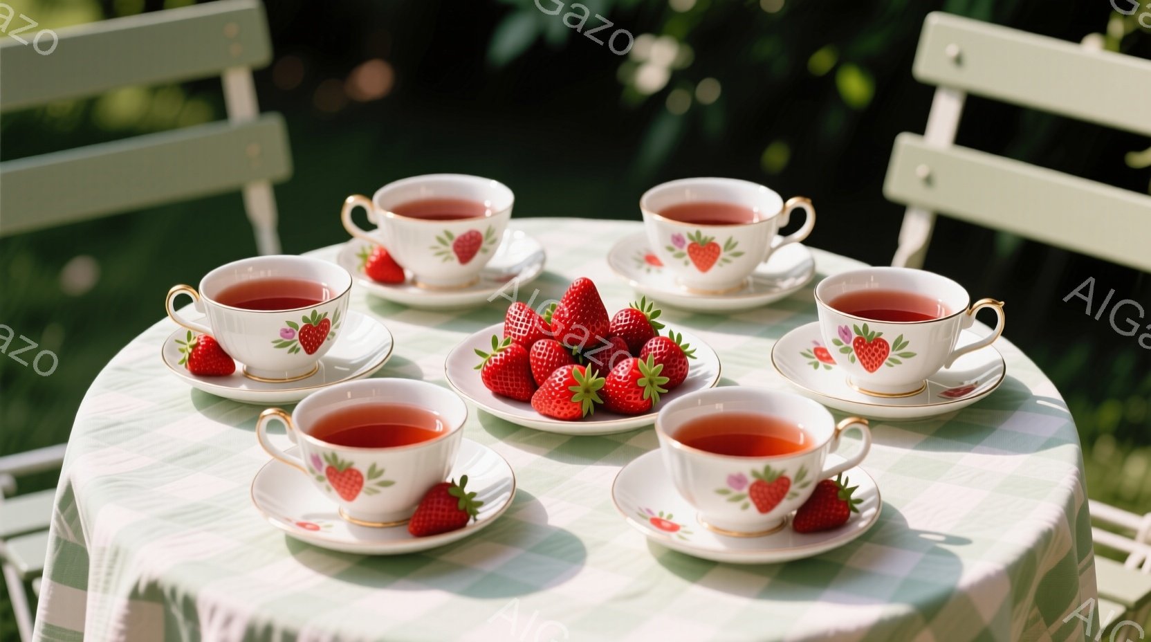 チェック柄のテーブルクロスが敷かれたテーブルの上に、可愛らしい花柄のティーカップとソーサーが並べられています。カップには赤茶色の紅茶が注がれ、それぞれに新鮮なイチゴが添えられています。背景には緑豊かな - AI生成フリー素材