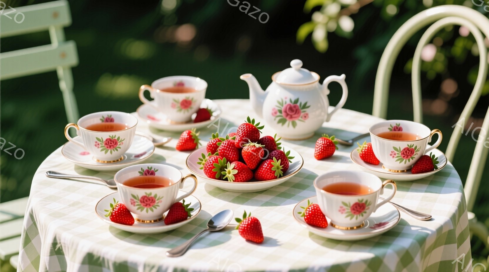 白地に赤いバラ模様のティーカップとティーポットが、緑と白のチェック柄のテーブルに並べられています。新鮮なイチゴがカップとポットの周りに散りばめられ、テーブルに明るい彩りを添えています。背景には、緑豊か - AI生成フリー素材