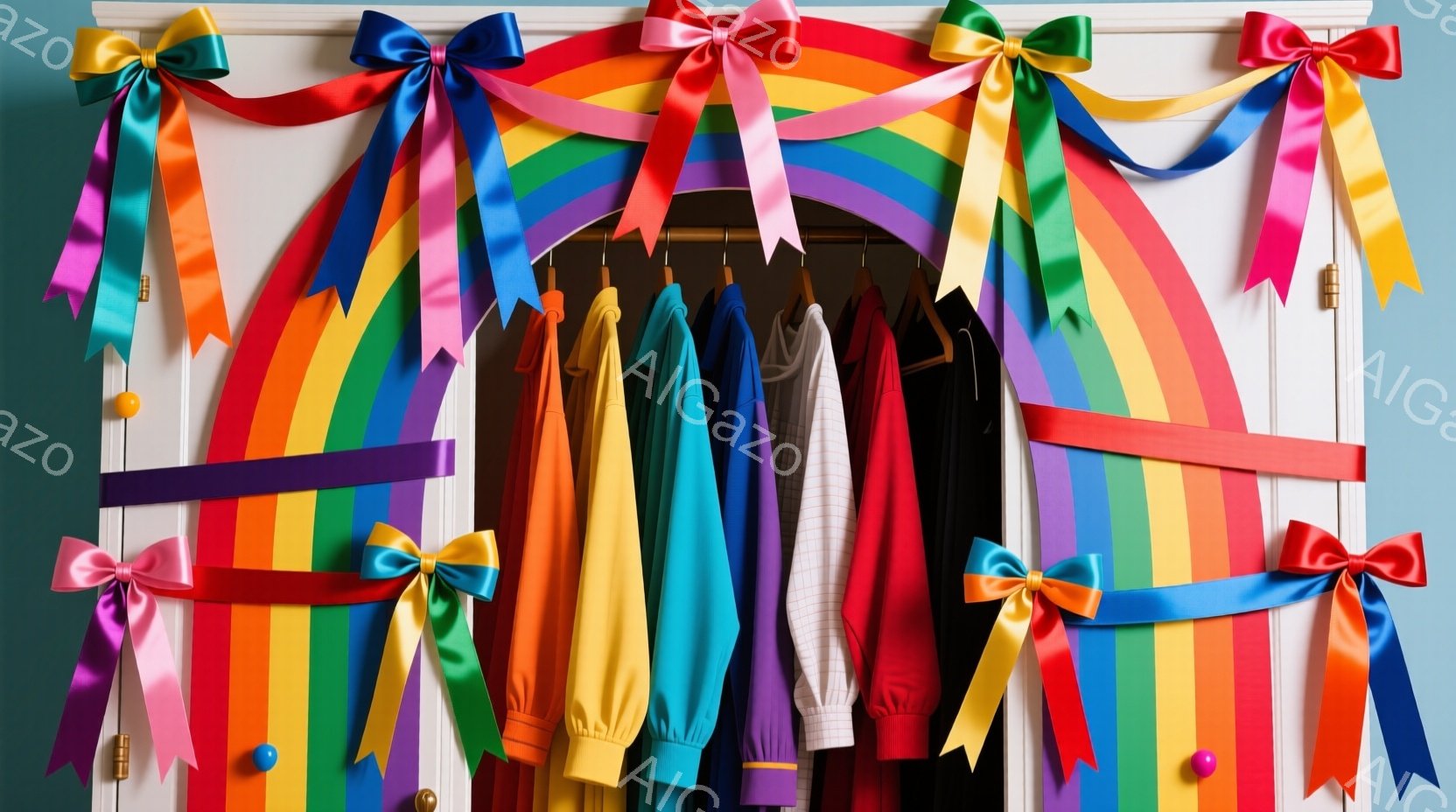カラフルなリボンがクローゼットのドアにかかっています。クローゼットの中には、様々な色の服が並んでいて、赤、オレンジ、黄色、緑、青、紫といった鮮やかな色彩が目立ちます。全体的に、華やかで遊び心のある雰囲気で、何かのサプライズやパーティーの準備をしているように見えます。