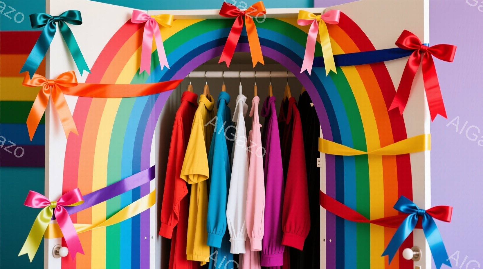 白いクローゼットの開口部が虹色に彩られ、カラフルなリボンがアーチ状に飾られています。クローゼットの中には、オレンジ、ピンク、白、赤などの単色の服がハンガーにかかって整然と並べられています。明るく遊び心のある雰囲気で、子供部屋やカラフルなファッションをテーマにした写真に最適です。