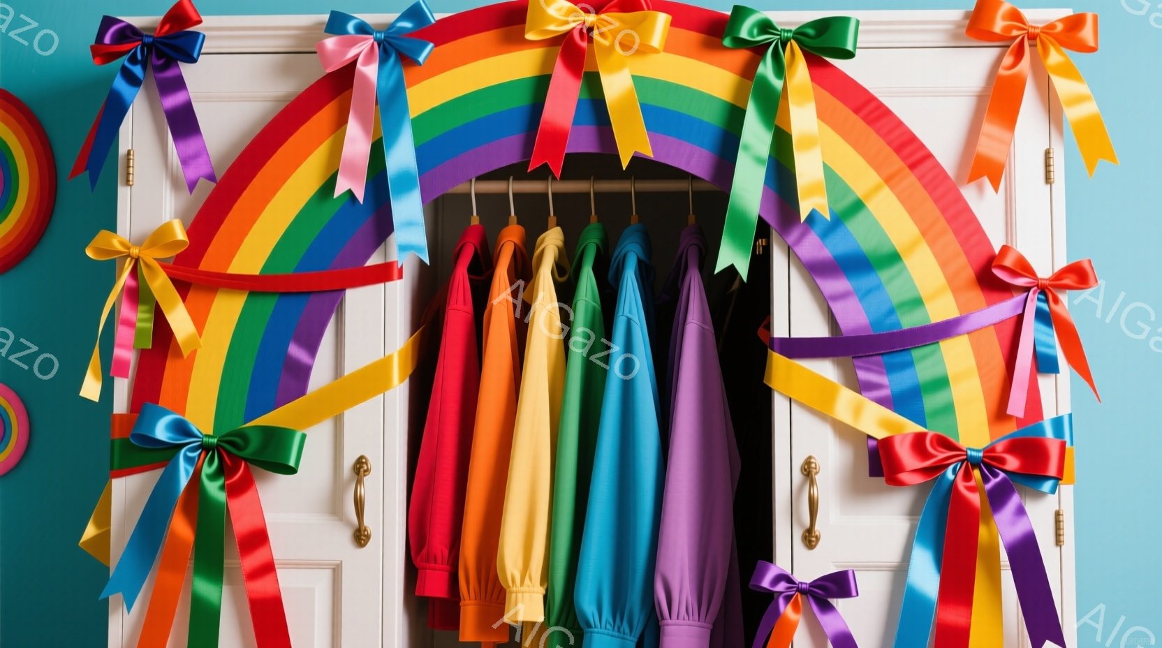 クローゼットの入り口に、虹色のリボンが飾られています。クローゼットの中には、赤、オレンジ、黄色、緑、青、紫と、虹色に並んだズボンがハンガーにかかっており、まるで虹が広がっているかのような印象を与えます。背景は明るい水色で、全体的に明るく陽気な雰囲気です。